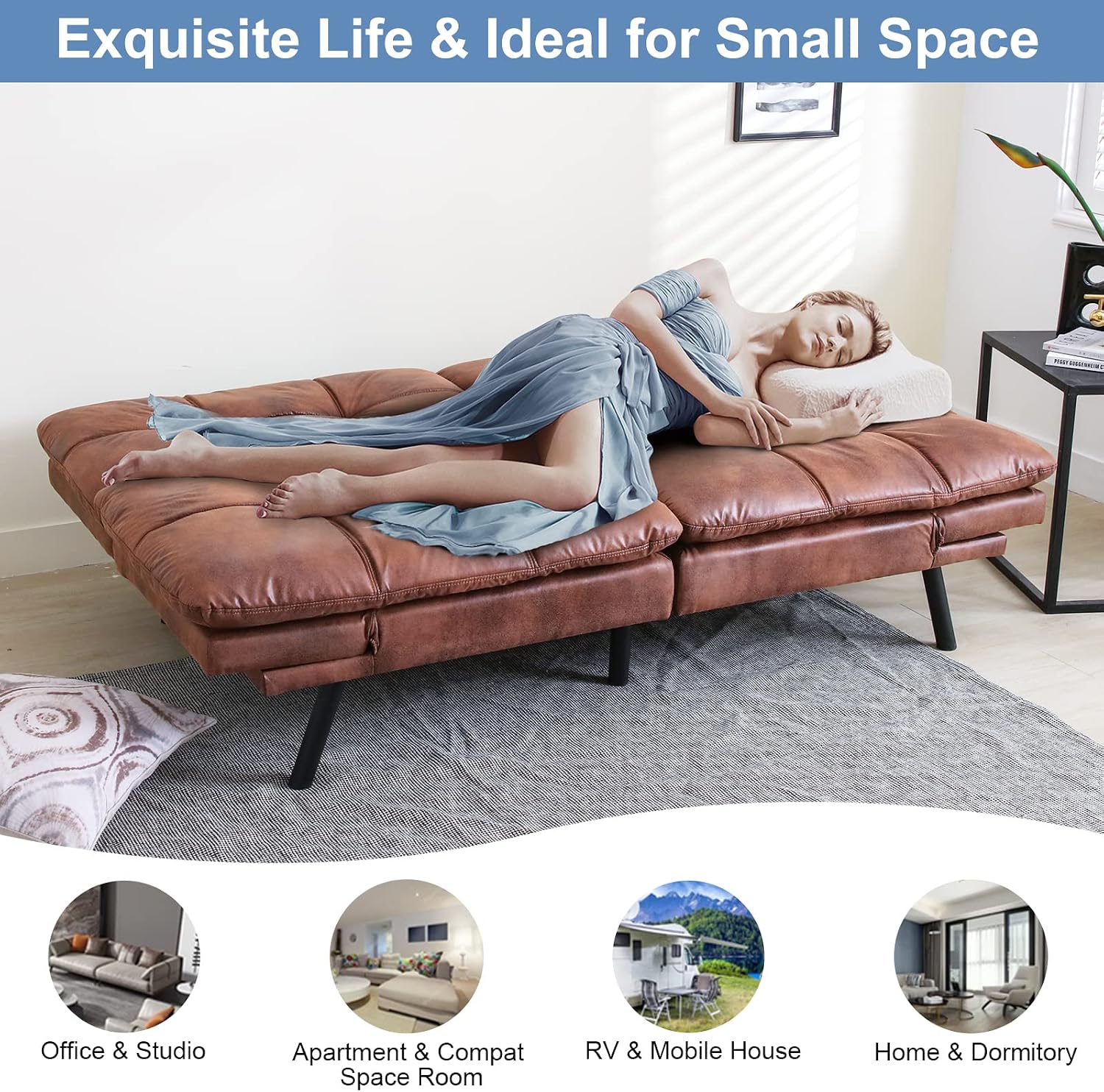 MUUEGM Convertible Futon Sofa Bed, Couch Sleeper Foldable, Loveseat Modern PU Leather and Memory Foam with Armrests&Backrest Adjustable, Recliner Lounge for Living Room, Small Space, Brown