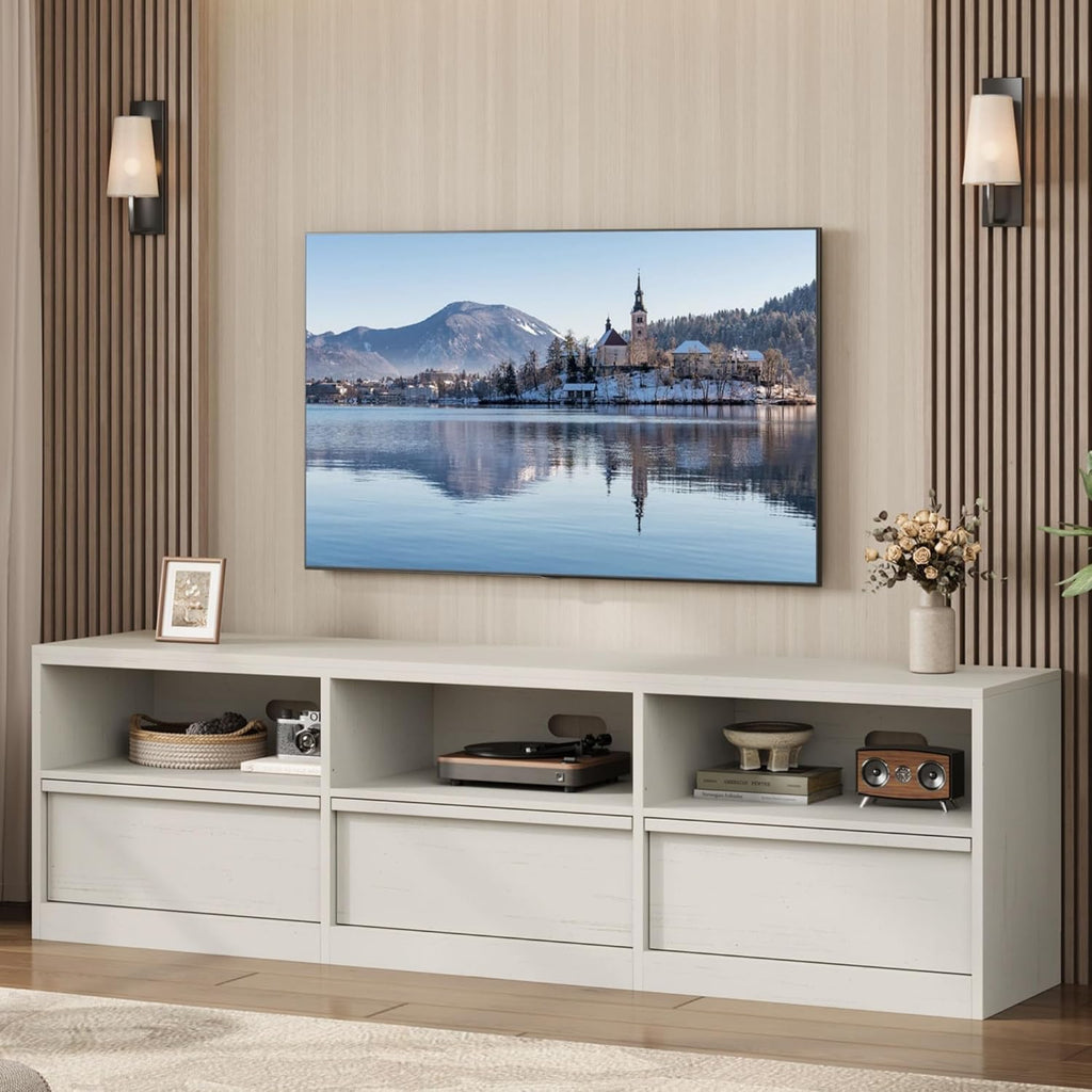 IDEALHOUSE 70 inch TV Stand for 80' TVs, Mid Century Modern Entertainment Center with Storage Drawer & Open Shelves, Wood Media Console Cabinet for Living Room/Bedroom, White