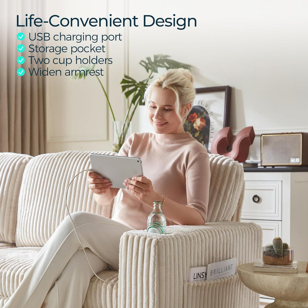 LINSY HOME Sectional Sleeper Sofa with Pull Out Couch Bed for Living Room (Beige) | Plush Corduroy, Storage Ottoman, Storage Chaise, Pull Out Couch, USB Charging
