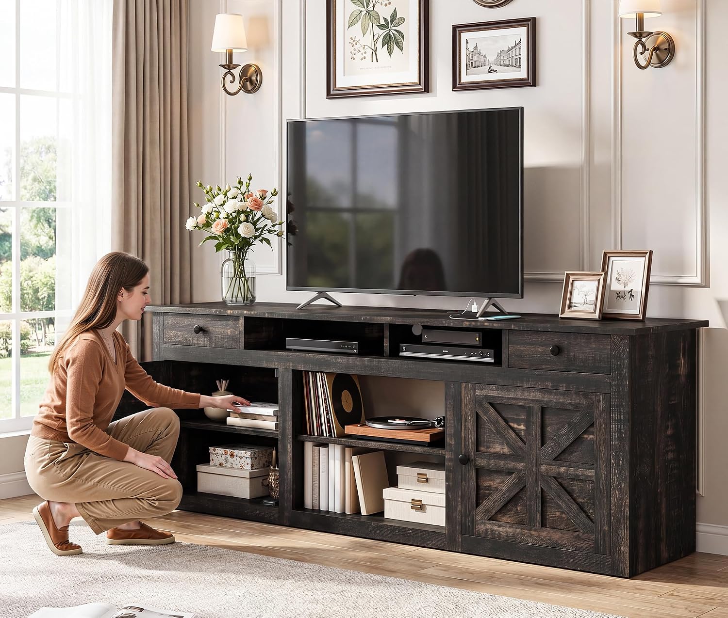 YITAHOME TV Stand for 75/80 Inch TV, Entertainment Center, TV Cabinet with Drawers and Power Outlet, Dark Rustic Oak TV Console for Living Room Furniture (70 Inch Lenght 30 Inch High)