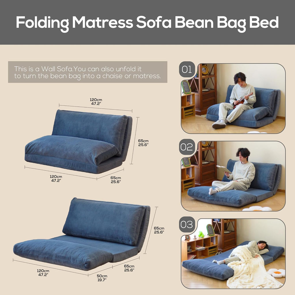 N&V Folding Matress Sofa Bean Bag Bed, Foam Filling Folding Matress Sofa, Includes Removable and Machine Washable Cover, Soft Premium Faux Fur (Medium, Blue)