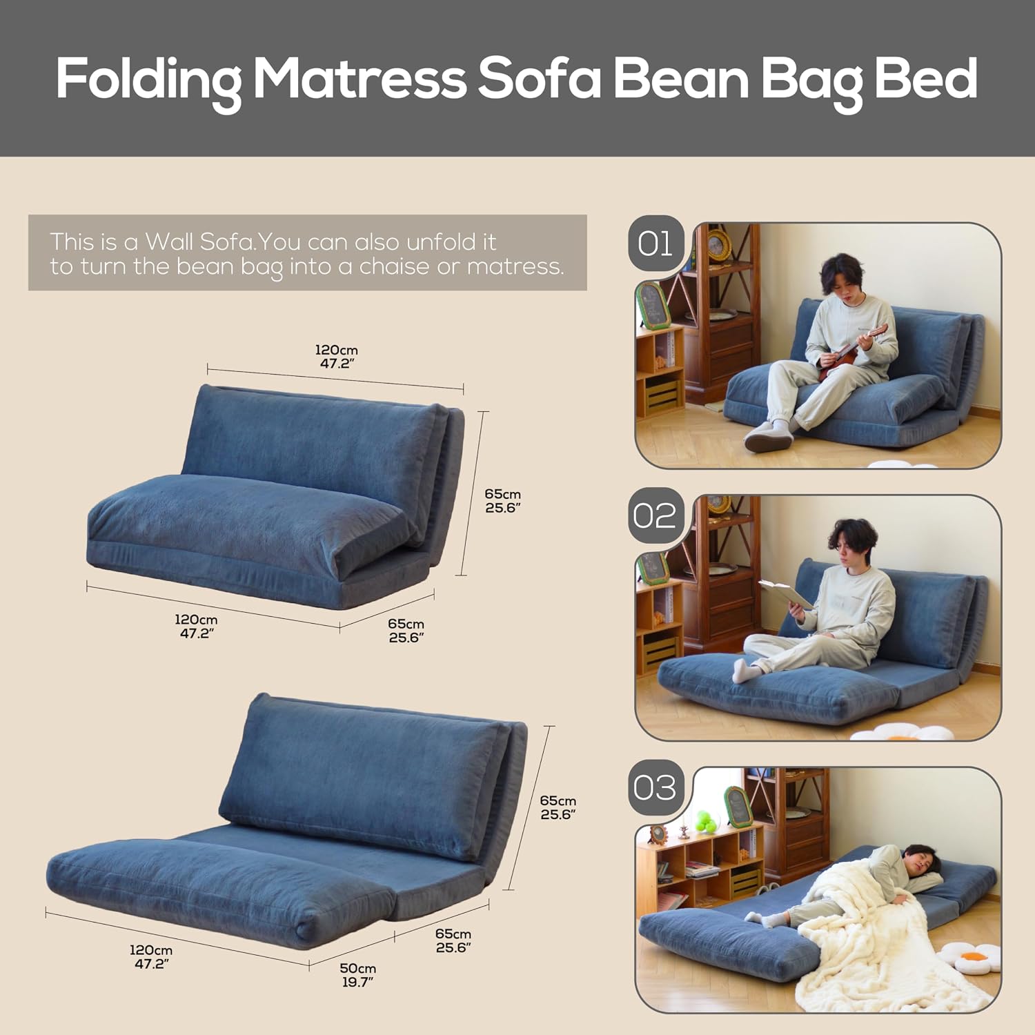 N&V Folding Matress Sofa Bean Bag Bed, Foam Filling Folding Matress Sofa, Includes Removable and Machine Washable Cover, Soft Premium Faux Fur (Medium, Blue)