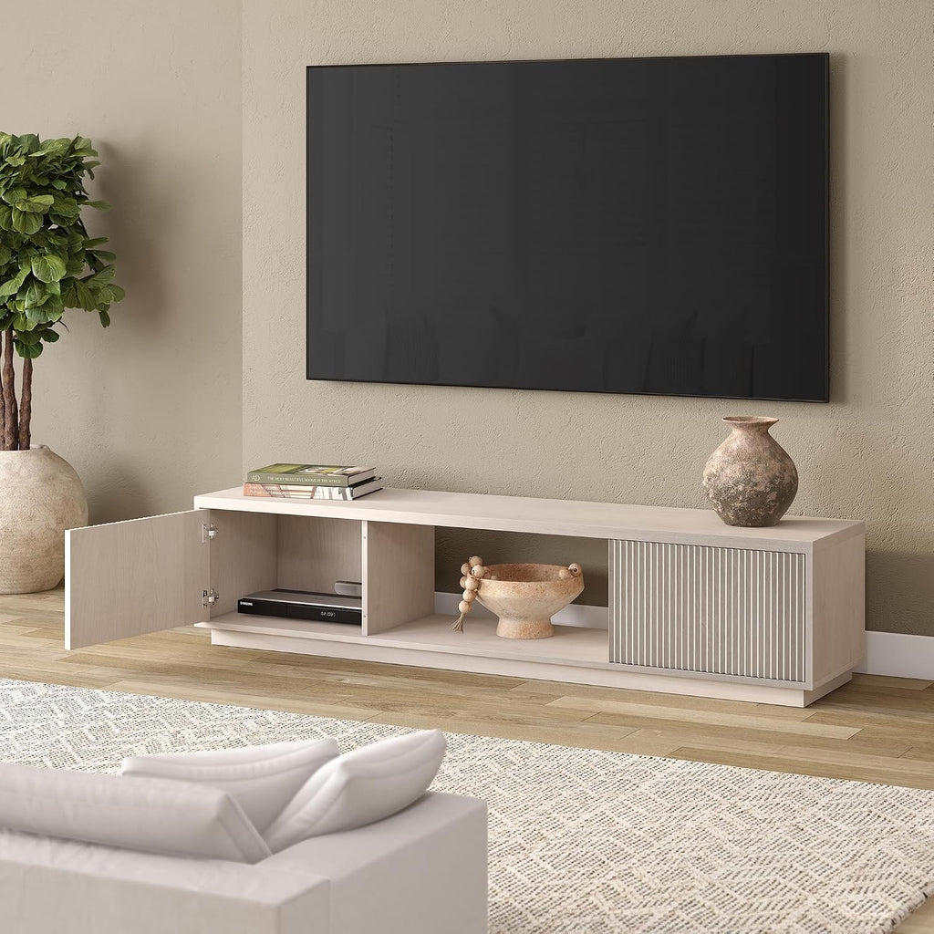 Henn&Hart Fluted TV Stand for TVs up to 78' with 2 Ribbed Side Storage Cabinets and Open Center Storage for Living Room, Family Room, or Office, Beech White