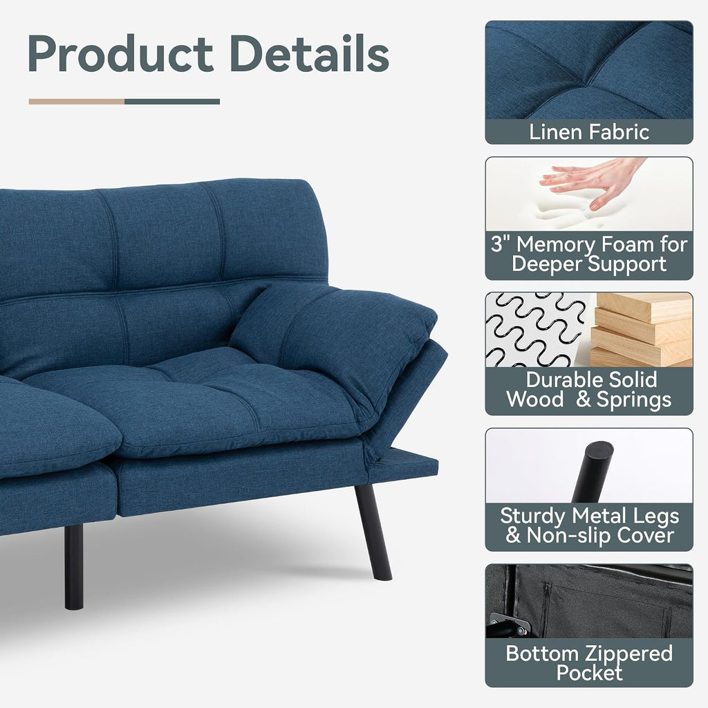 Futon Sofa Bed Convertible Couch, Blue Linen Sofa Bed with Memory Foam, Adjustable Backrest & Armrests, Multifunctional Small Loveseat Sleeper Sofa for Living Room, Apartment, Office
