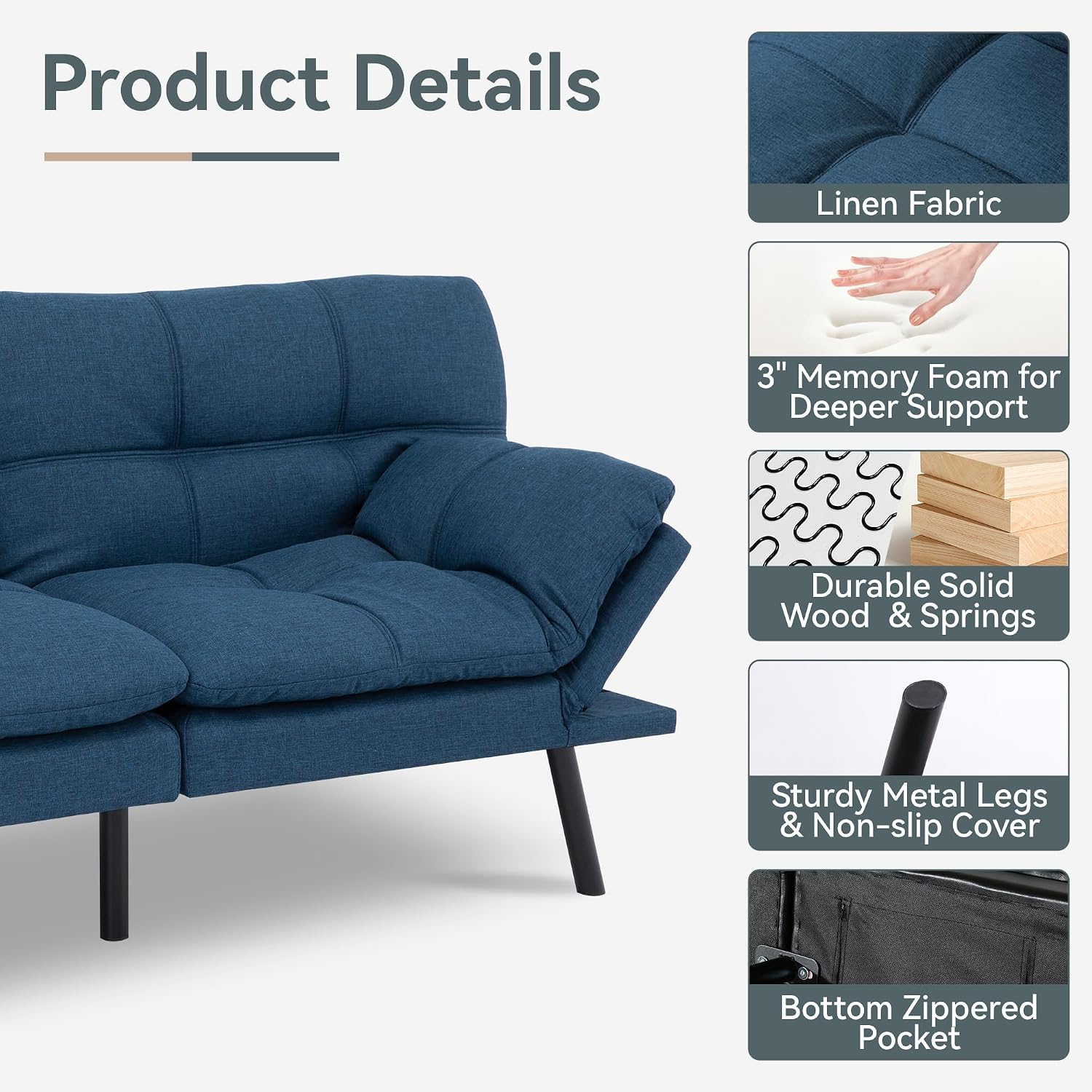 Futon Sofa Bed Convertible Couch, Blue Linen Sofa Bed with Memory Foam, Adjustable Backrest & Armrests, Multifunctional Small Loveseat Sleeper Sofa for Living Room, Apartment, Office