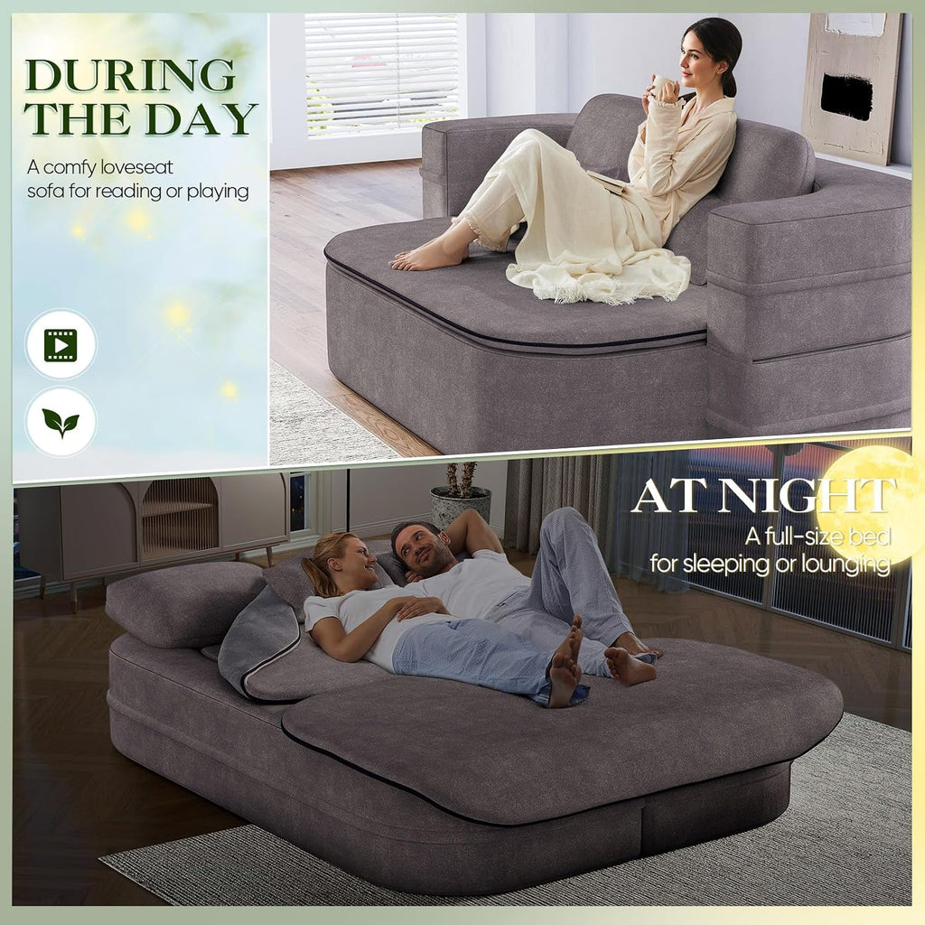 Antetek Convertible Sleeper Sofa, Modern Folding Futon Chenille Floor Foam Compression Loveseat Sofa Bed Couch, Foldable Full Size Guest Bed with 4 Pillows for Living Room Bedroom Apartment, Grey