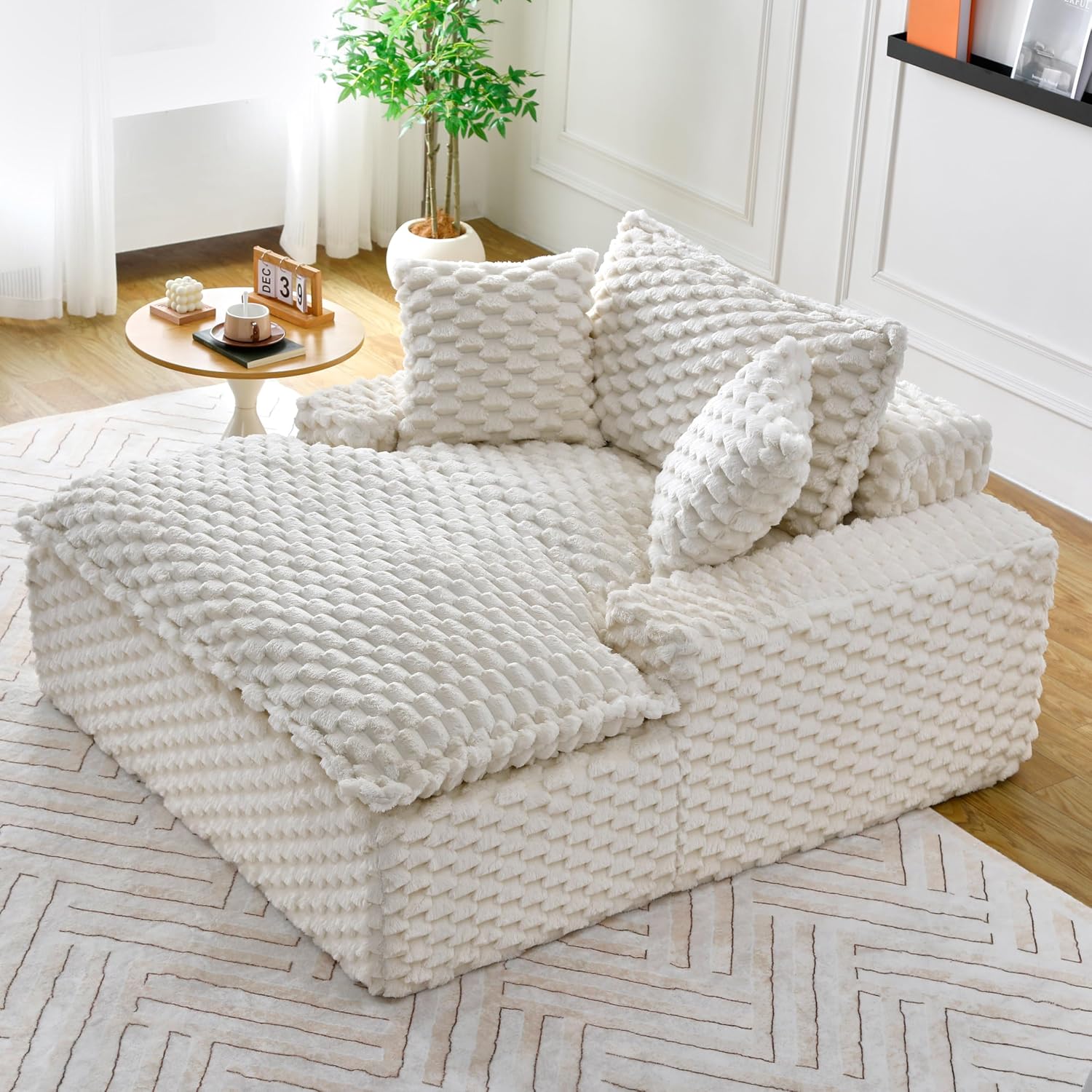 51 Inch Lounge Sofa, Boneless Cloud Couch for Living Room Bedroom, Comfy Reading Chair for Adults, Soft Textured Sleeper Chair with 2 Pillows, Frameless Floor Seating (White)
