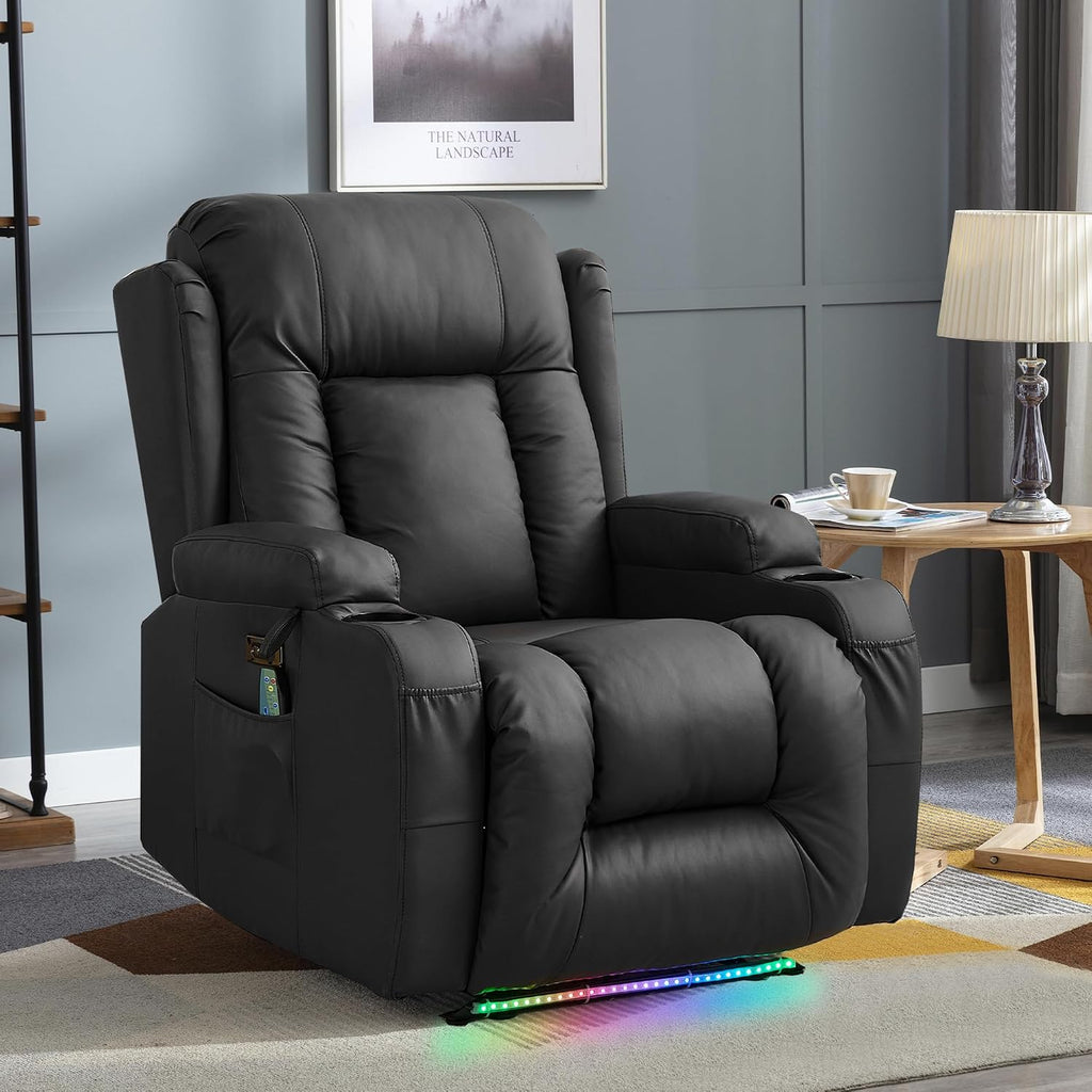 TUNYI Power Recliner Sofa with Massage & Heat Home Theater Seating with Console RV Recliner Sofa with USB/Storage/Side Pocket/LED Light (Black, 1PC)