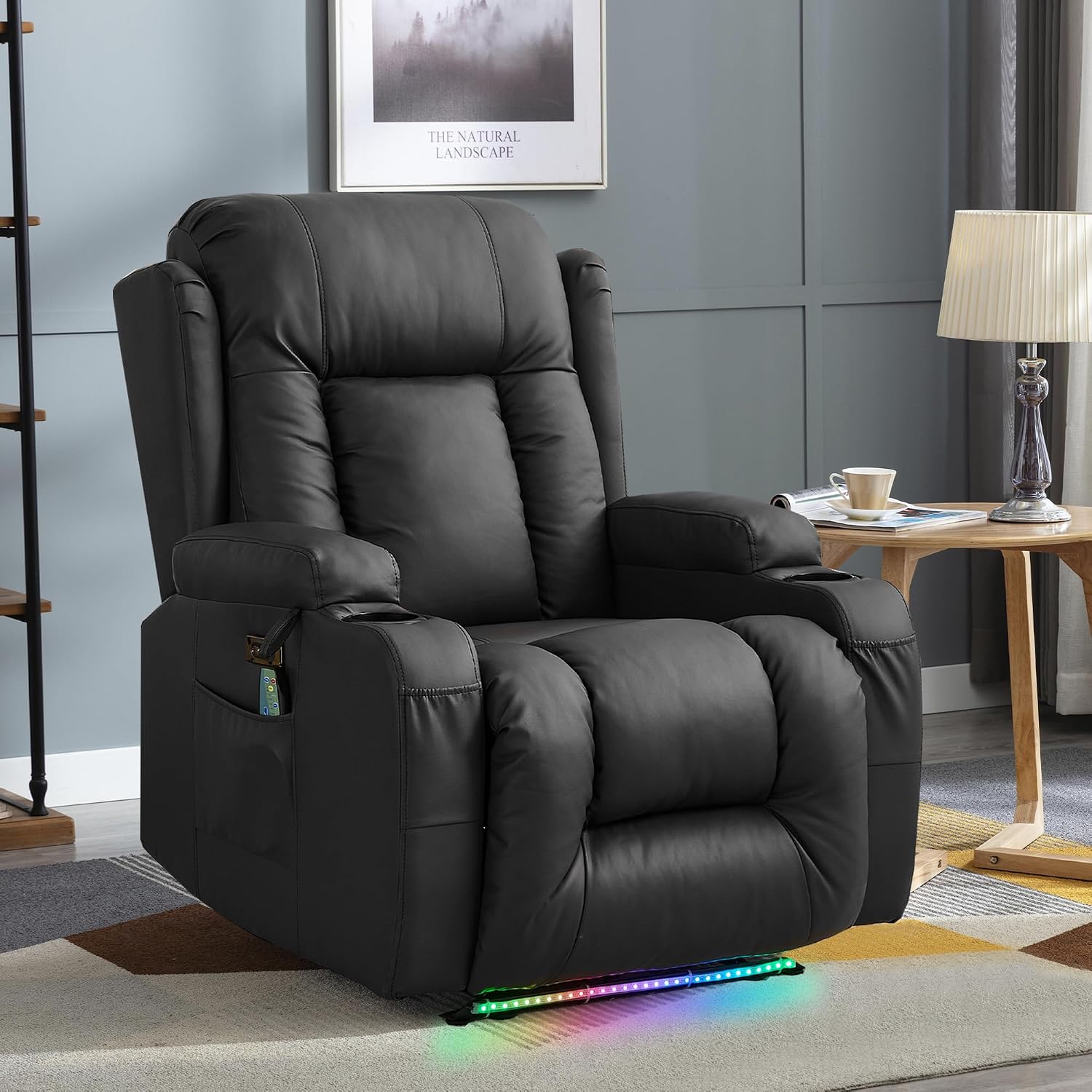 TUNYI Power Recliner Sofa with Massage & Heat Home Theater Seating with Console RV Recliner Sofa with USB/Storage/Side Pocket/LED Light (Black, 1PC)