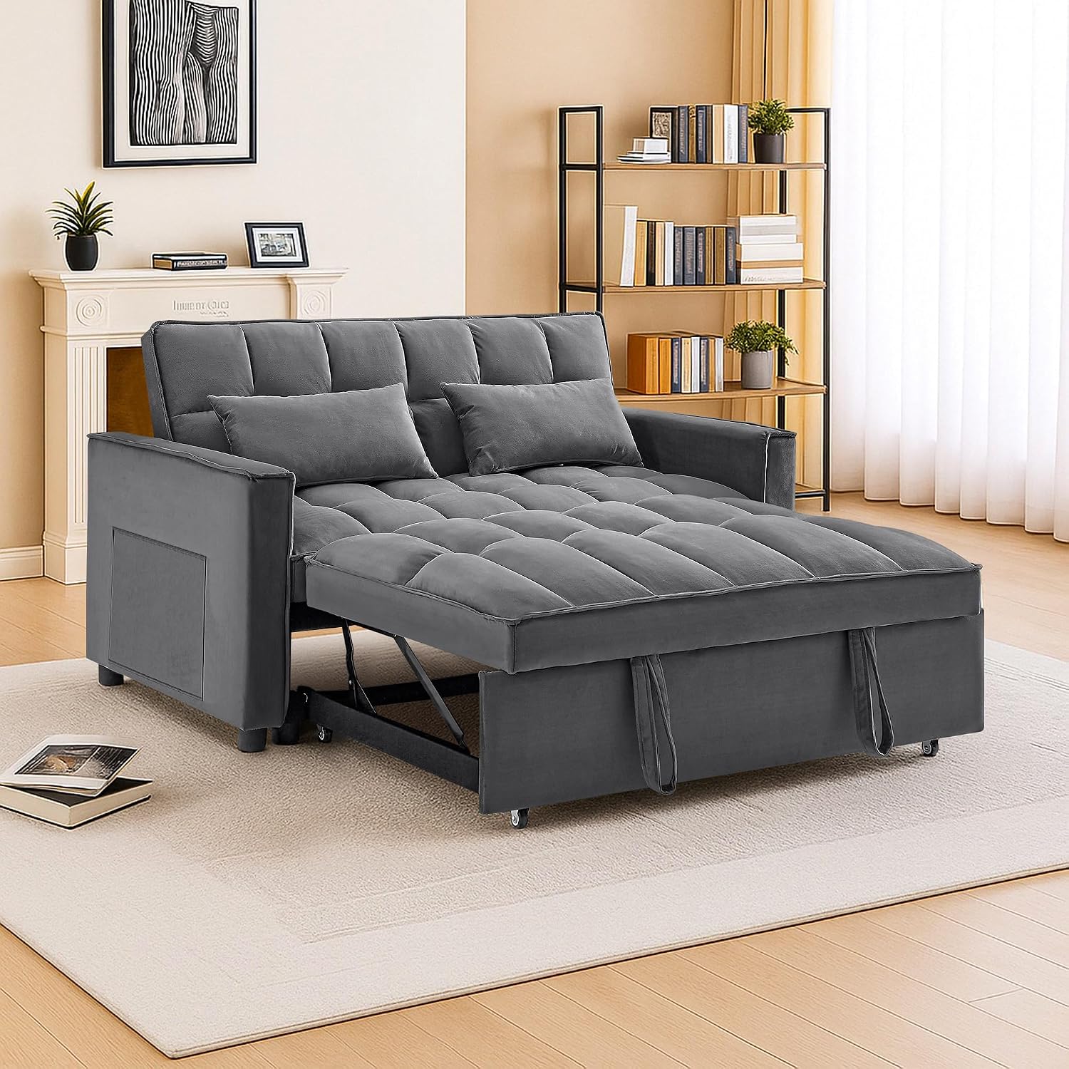 3 in 1 Convertible Sleeper Sofa Bed,Futon Pull Out Couch with Adjustable Backrest,Velvet Fabric Loveseat Sofa with Side Pocket for Bedroom, Living Room
