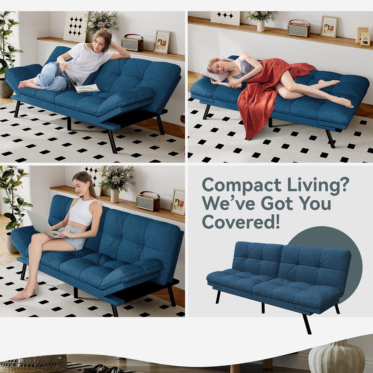 Futon Sofa Bed Convertible Couch, Blue Linen Sofa Bed with Memory Foam, Adjustable Backrest & Armrests, Multifunctional Small Loveseat Sleeper Sofa for Living Room, Apartment, Office