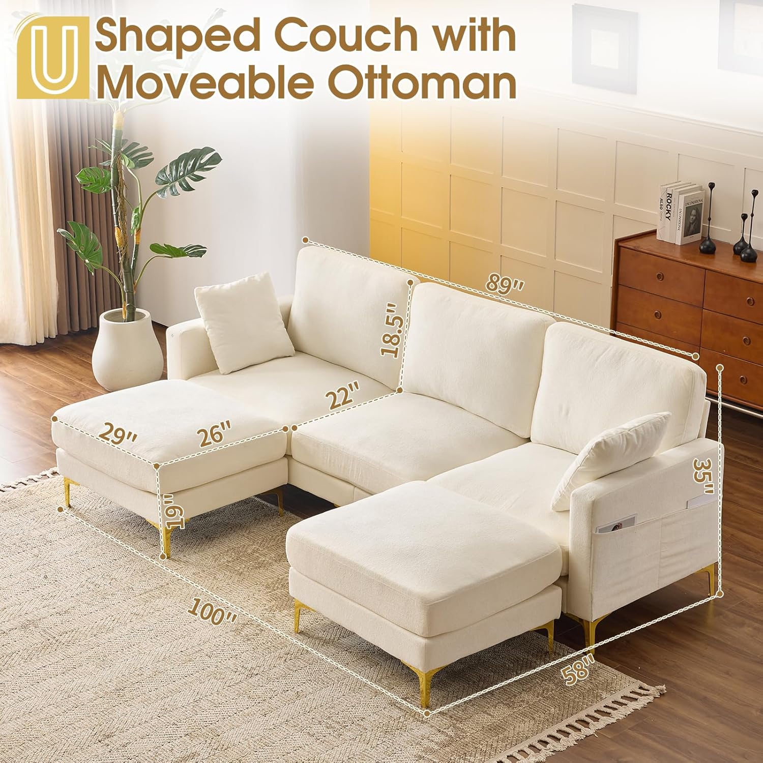 VINGLI 100' W U Shaped Couch with Ottoman, 22' Deep Seat Comfortable Sectional Couches for Living Room, 3 Seater Chenille Fabric Cloud Sofa for Apartment, Small Spaces, Bedroom, Beige
