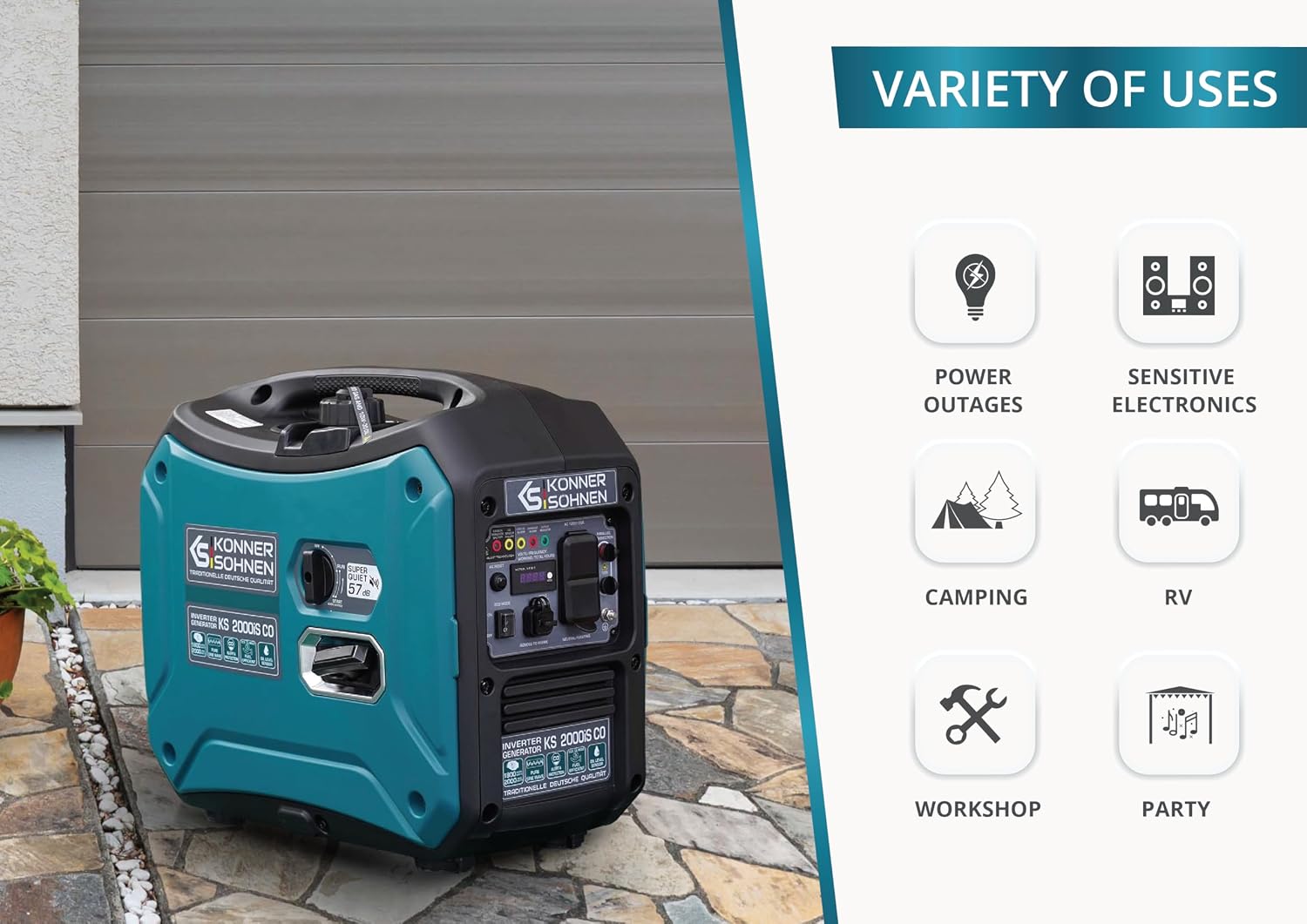 Konner&Sohnen Gas Inverter Generator - 2000 Watt, Lightweight and Portable, Super Quiet with CO Sensor, for Backup Home Use, Camping, RV | Parallel connection (German brand, model: KS 2000iS CO)