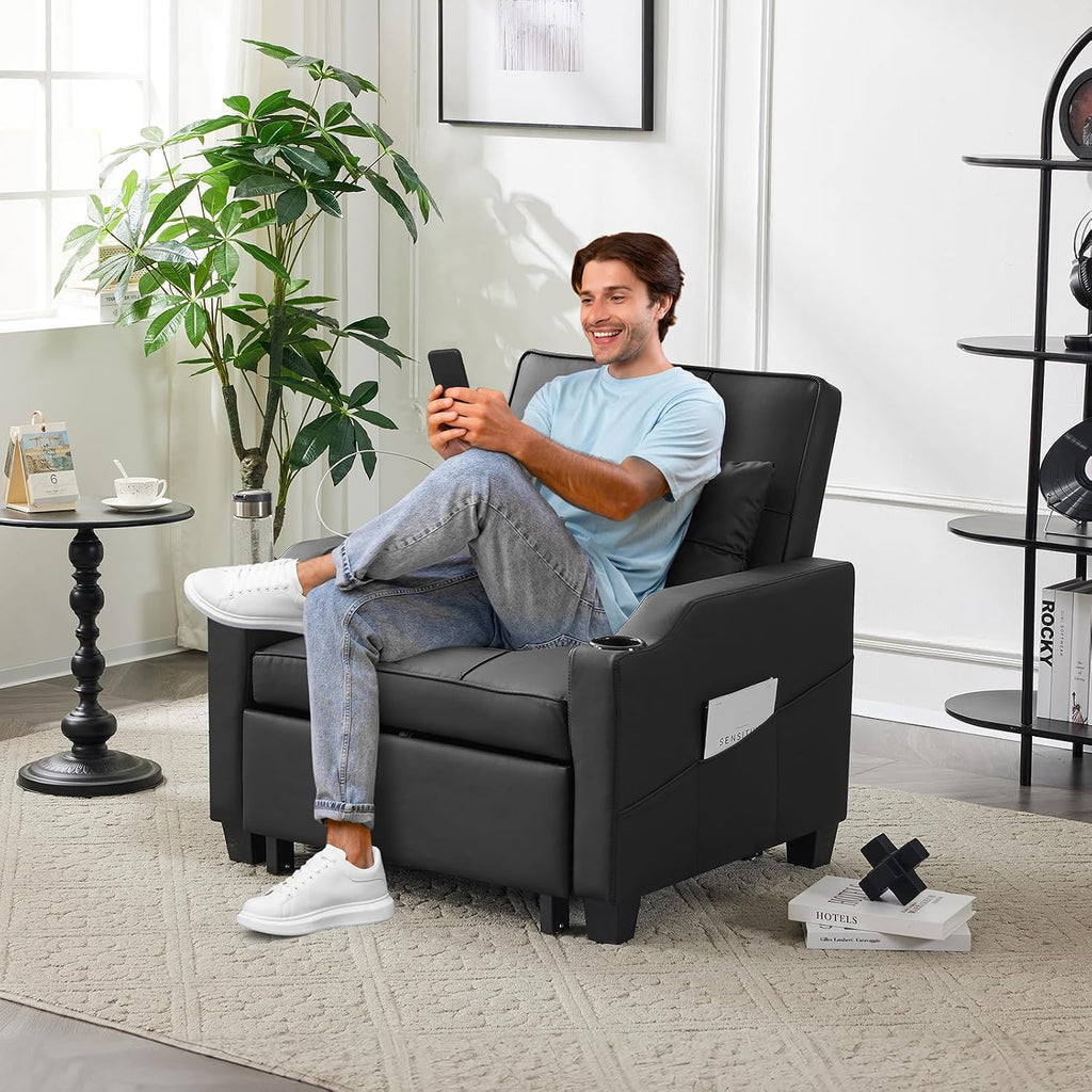 VINGLI Black Sleeper Chair Bed 3-in-1 Convertible Futon Sofa Bed Pull Out Couch Bed Adjustable Recliner Chair with USB Ports Cup Holders Side Pockets for Living Room Bedroom Small Spaces