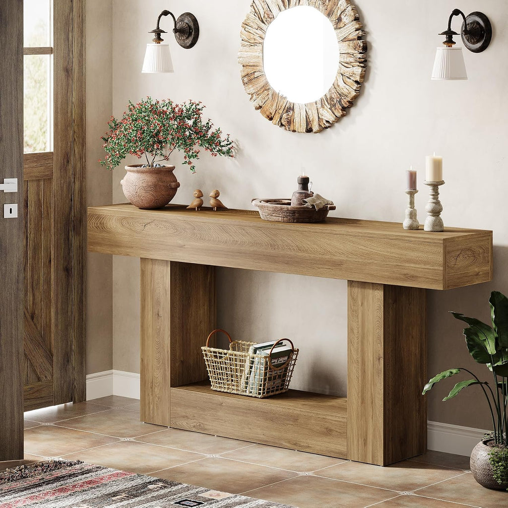 Tribesigns 63' Console Table, Farmhouse 2-Tier Entryway Table with U-Shaped Base, Narrow Long Wood Sofa Table Behind Couch Table for Living Room, Hallway, Foyer, Light Brown