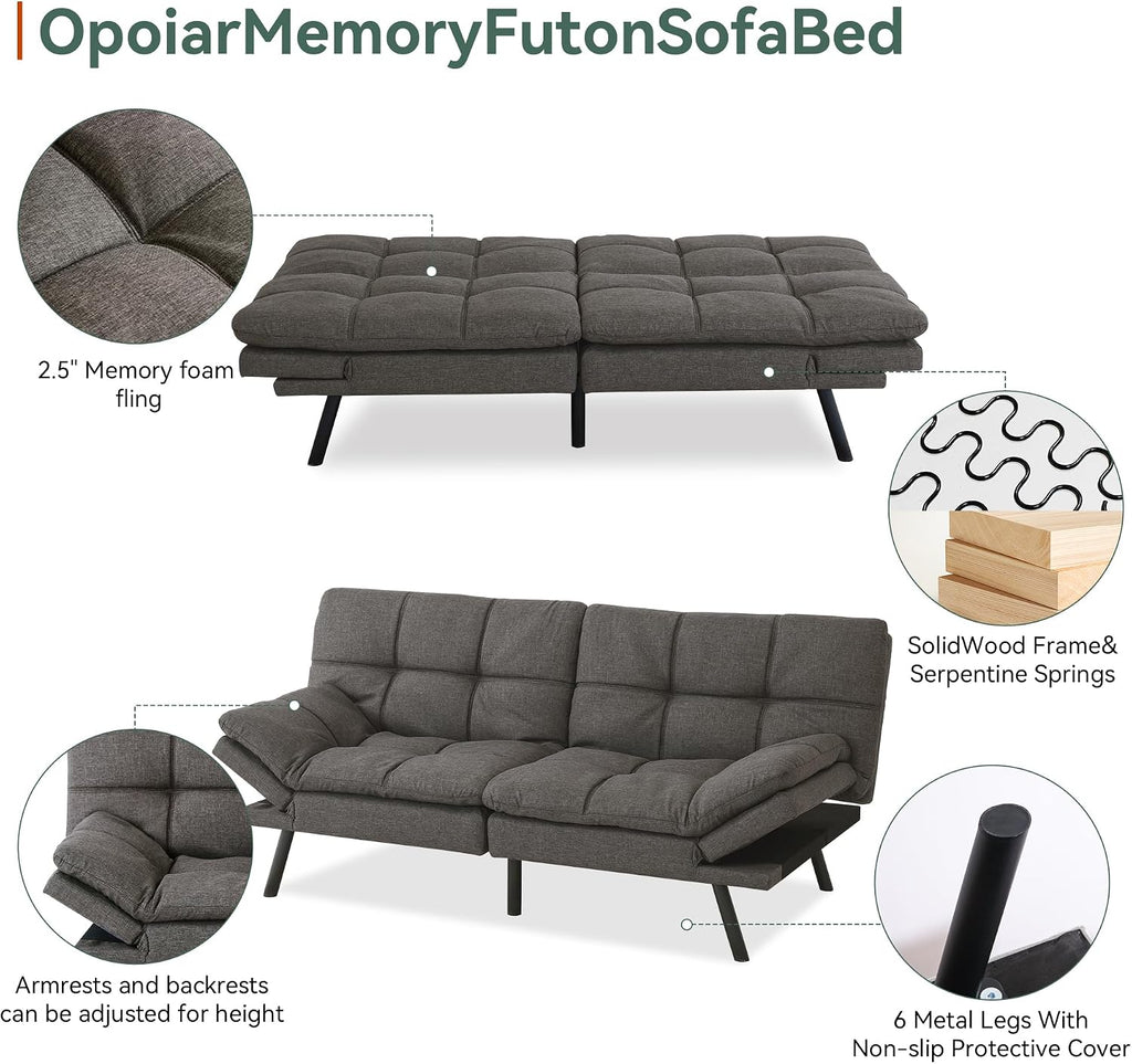 Opoiar Convertible Futon Sofa Bed,Linen Fabric Futon Couch,Sofa & Couch Soft Cushions Love Seat Daybed for Studio, Apartment, Office, Small Space, Compact Living Room,Grey