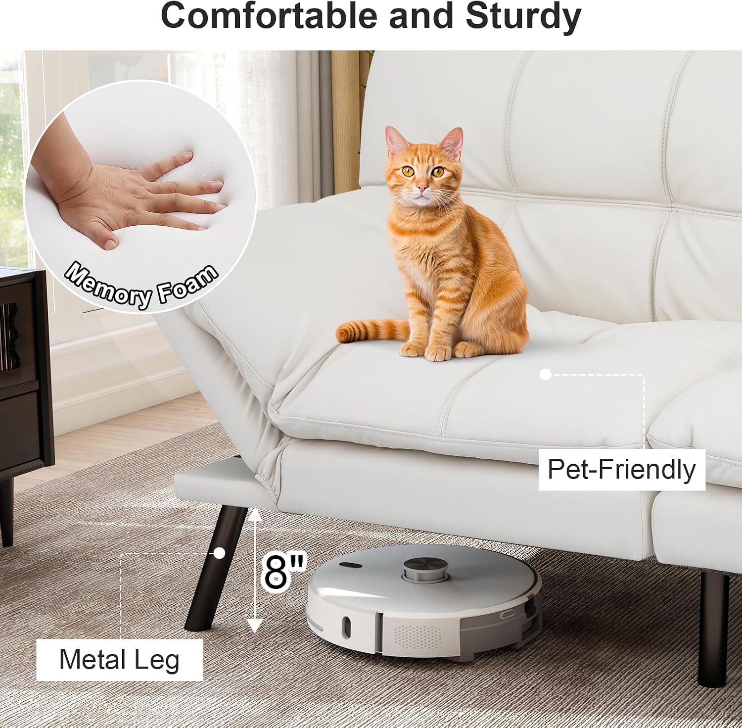 MUUEGM Futon Sofa Bed 71' Ivory Convertible Memory Foam Futon Couch Bed Modern Loveseat Sleeper with Adjustable Backrests Armrests for Living Room,Small Space,Office