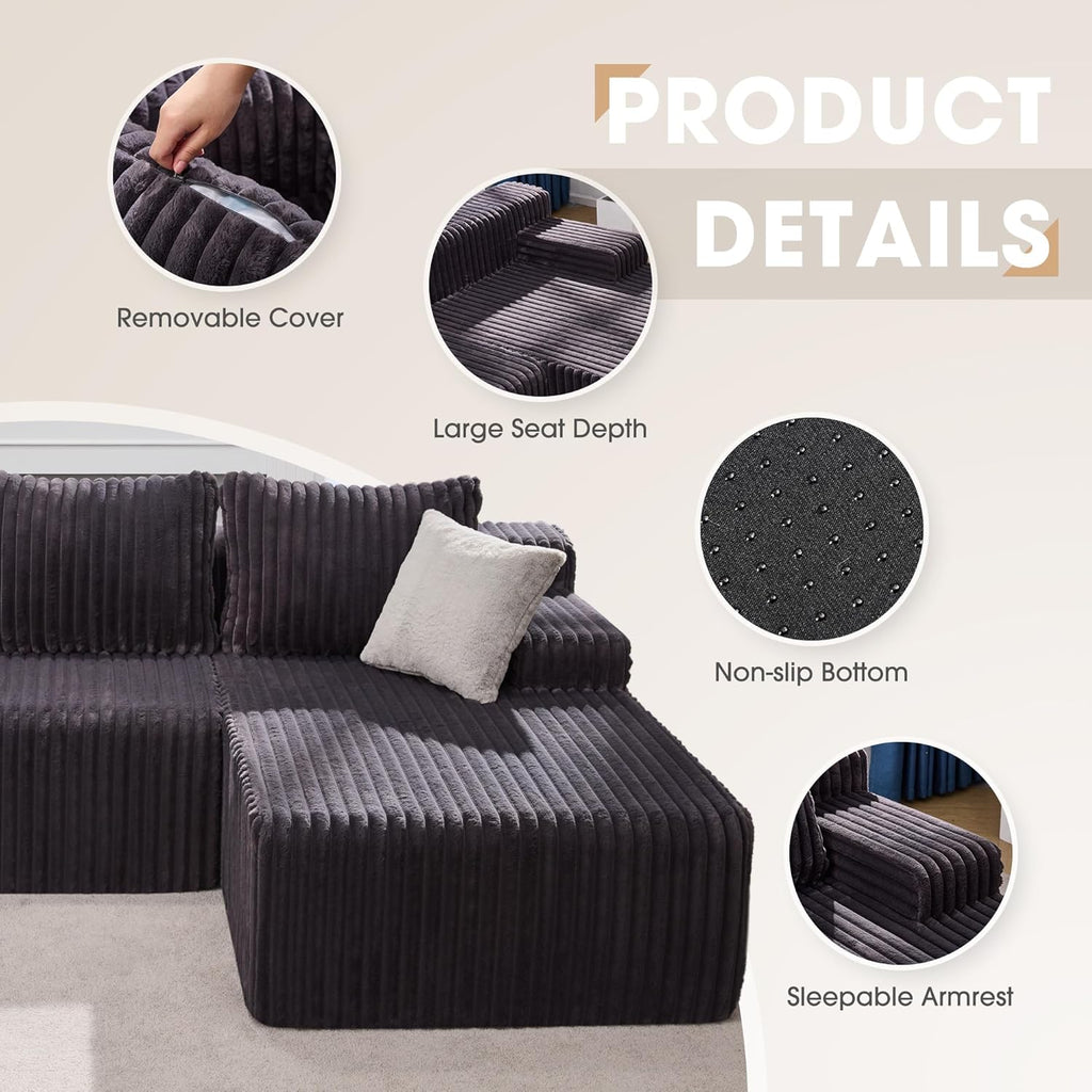 Modular Sectional Sofa Couches L-Shape Couch 3 Seat Modular Sofa Memory Foam Sectional Couches for Living Room, Cloud Couch with Oversized Chaise (Grey Stripe, 98' Right Facing Chaise)