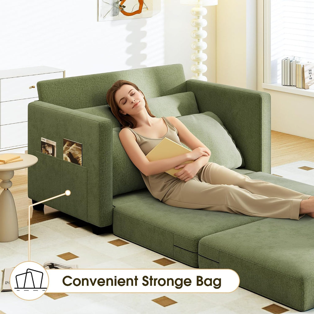 51' Convertible Loveseat Sofa Bed, 2 in1 Folding Sofa Bed, Loveseat Sleeper Sofa for Small Spaces, Fold Out Floor Couch with 2 Pillows for Apartment, Living Room & Guest Room, Green Chenille Fabric