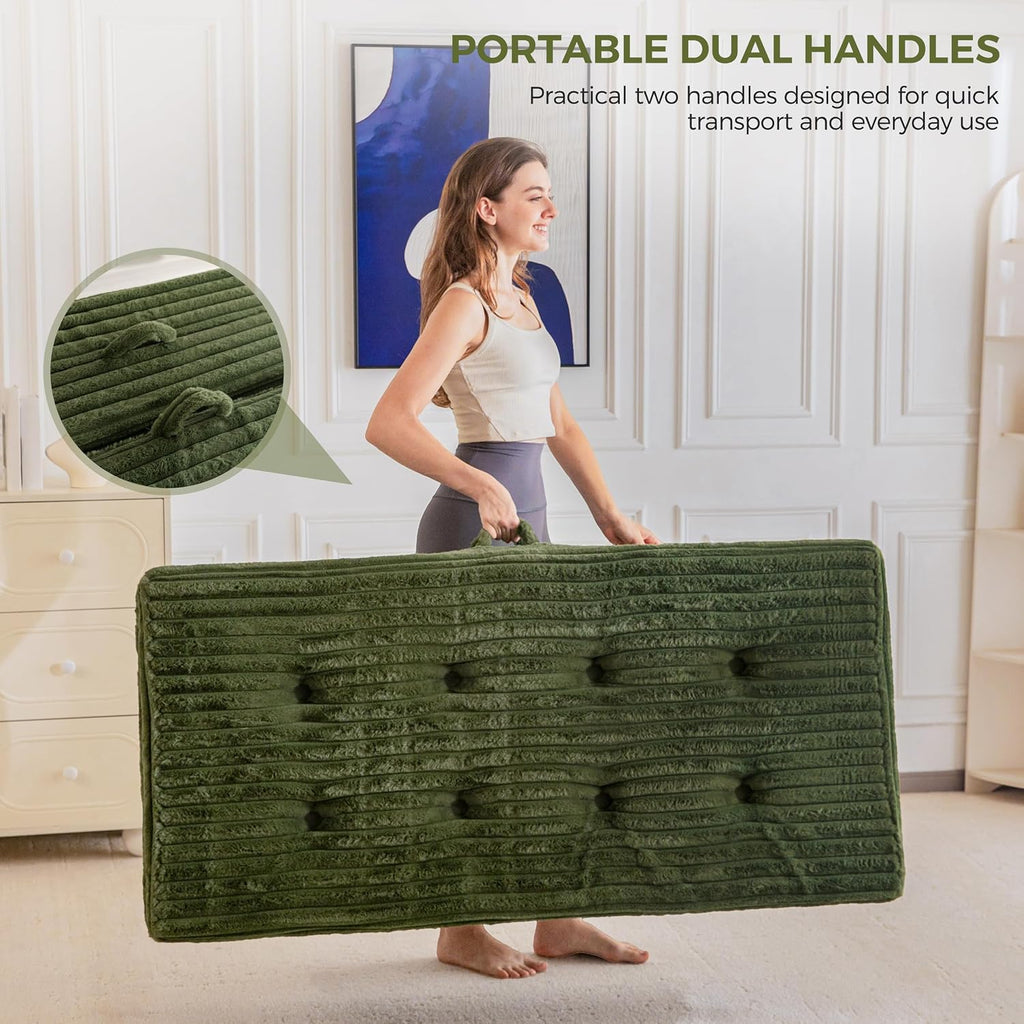 MAXYOYO Folding Sofa Couch Bed, 6 Inch Tri-Fold Floor Sofa Bed, Folding Mattress with Handles, Soft Faux Fur Folding Bed with Supportive Foam Filling, Portable Couch for Living Room, Queen, Dark Green