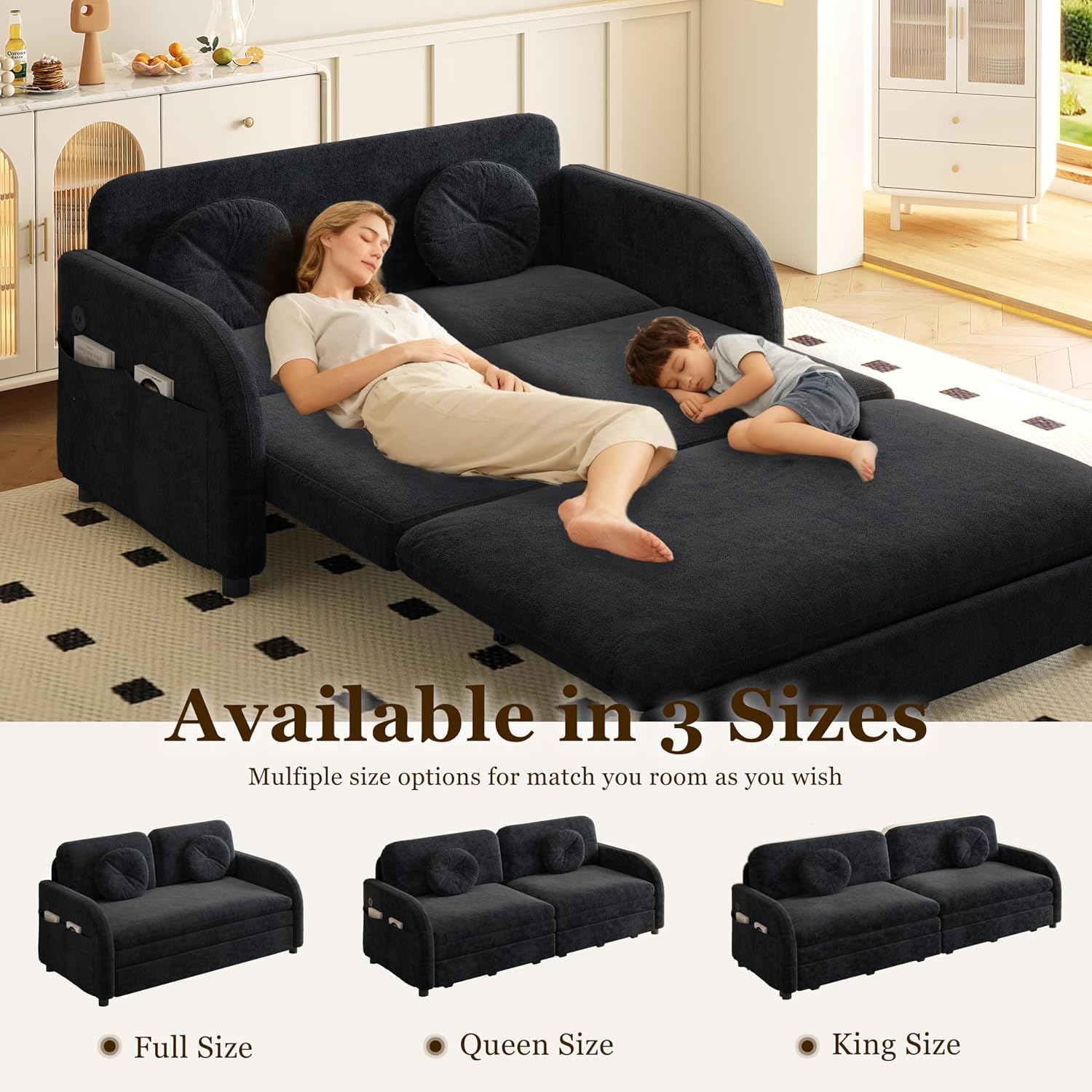 52.4'' Pull Out Couch Full-Size, Futon Sofa Bed, Convertible Sleeper Sofa Bed with USB Port, Storage Pockets, 2 Pillows, Modern Chenille Loveseat Couches for Living Room, Small Space, Black