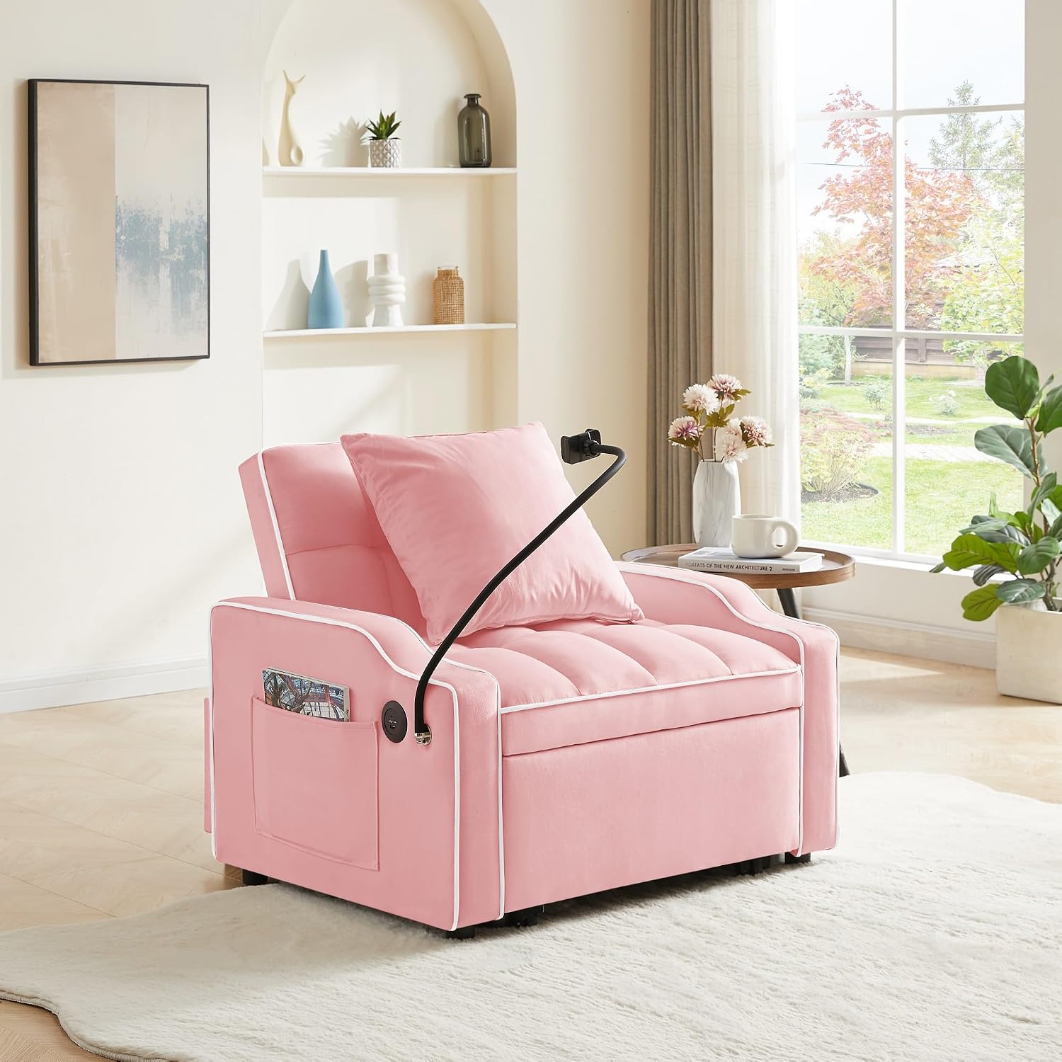 Convertible Single Sleeper Chair Bed,3 in 1 Velvet Futon Sleeper Sofa Bed with Phone Holder&USB Ports,Pull Out Couch Bed,Adjustable Recliner Armchair bed for Living Room,Office,Small Places(Pink)