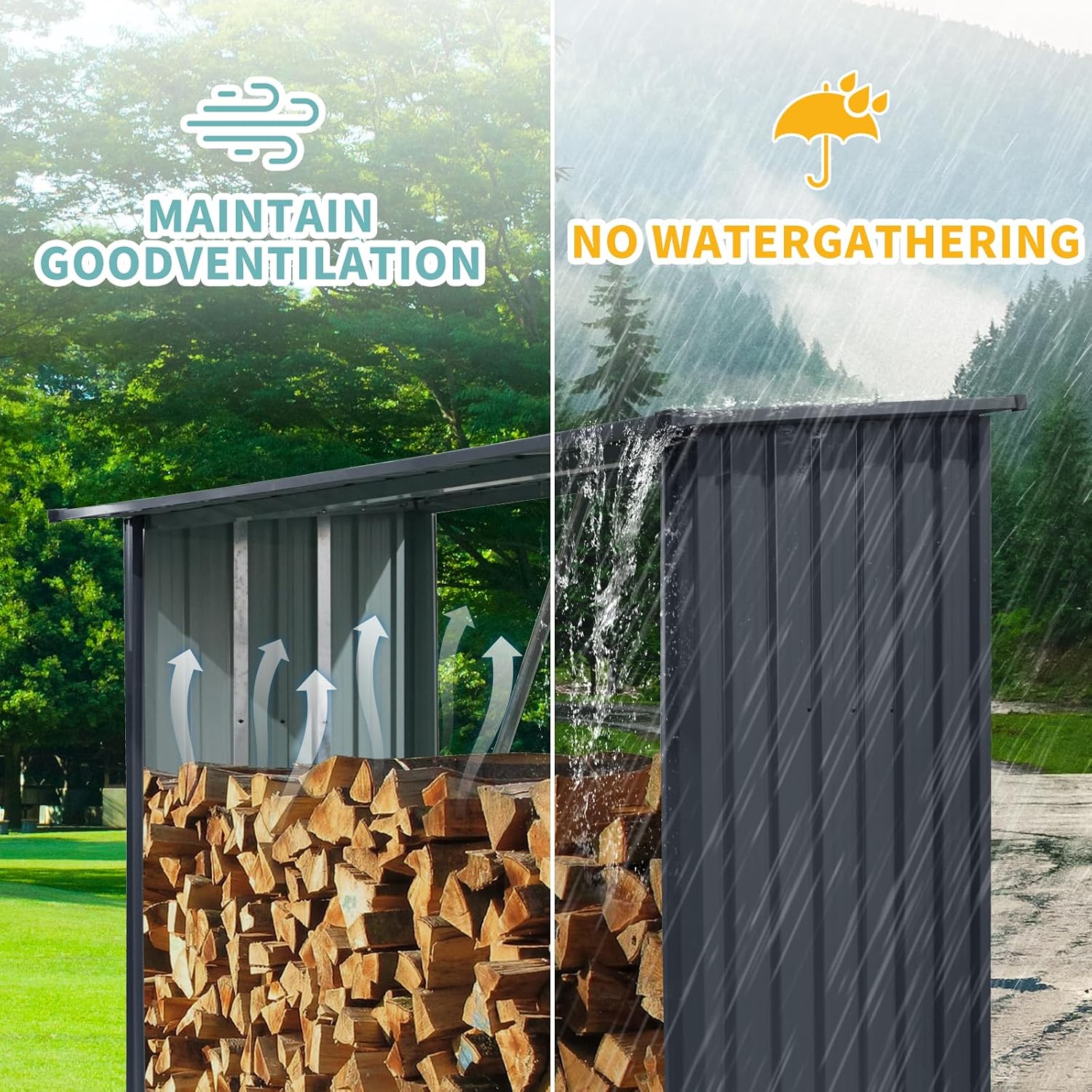 JT 7 x 3 FT Metal Firewood Rack, Galvanised Steel Garden Log Storage Shed, Metal Firewood Shed Holder, Outdoor Log Rack for Backyard, Black