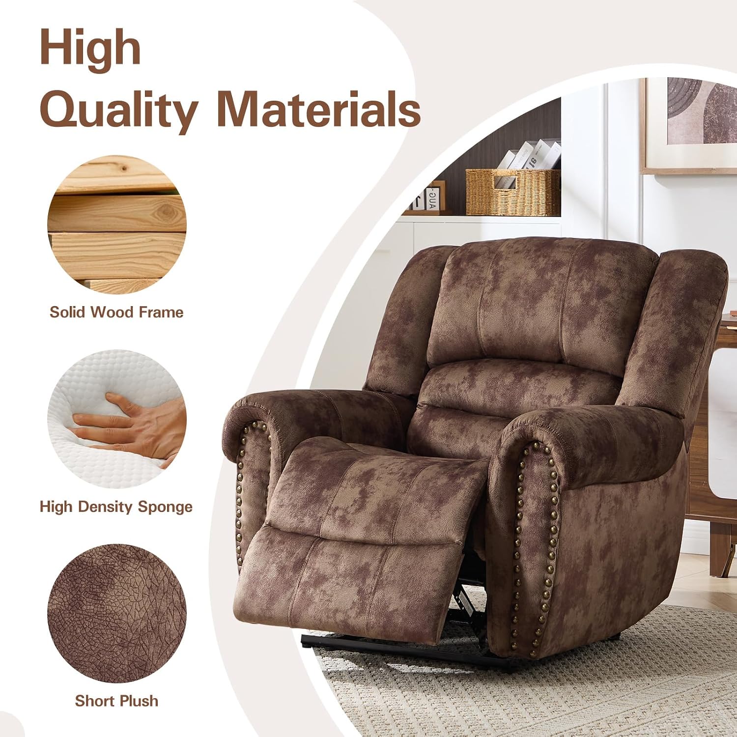 CANMOV Manual Recliner Chair, Classic and Traditional Fabric Recliner Chair with Comfortable Arms and Back Single Sofa for Living Room, Chocolate Brown