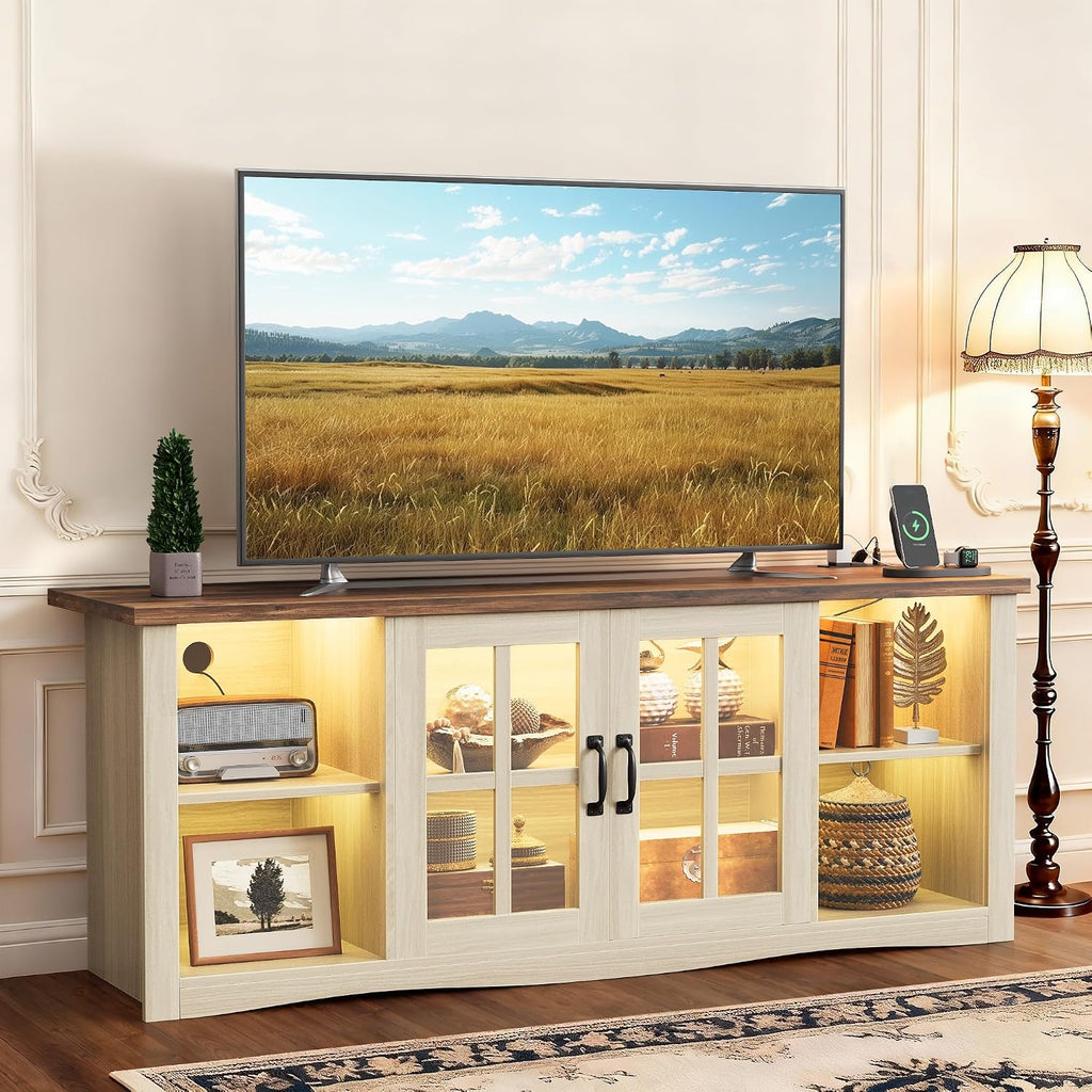 YESHOMY Farmhouse LED TV Stand with Power Outlet, for Televisions up to 65 Inches, Wood Entertainment Center with Glass Door Storage Cabinet, TV Console for Living Room, Oak