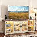 YESHOMY Farmhouse LED TV Stand with Power Outlet, for Televisions up to 65 Inches, Wood Entertainment Center with Glass Door Storage Cabinet, TV Console for Living Room, Oak