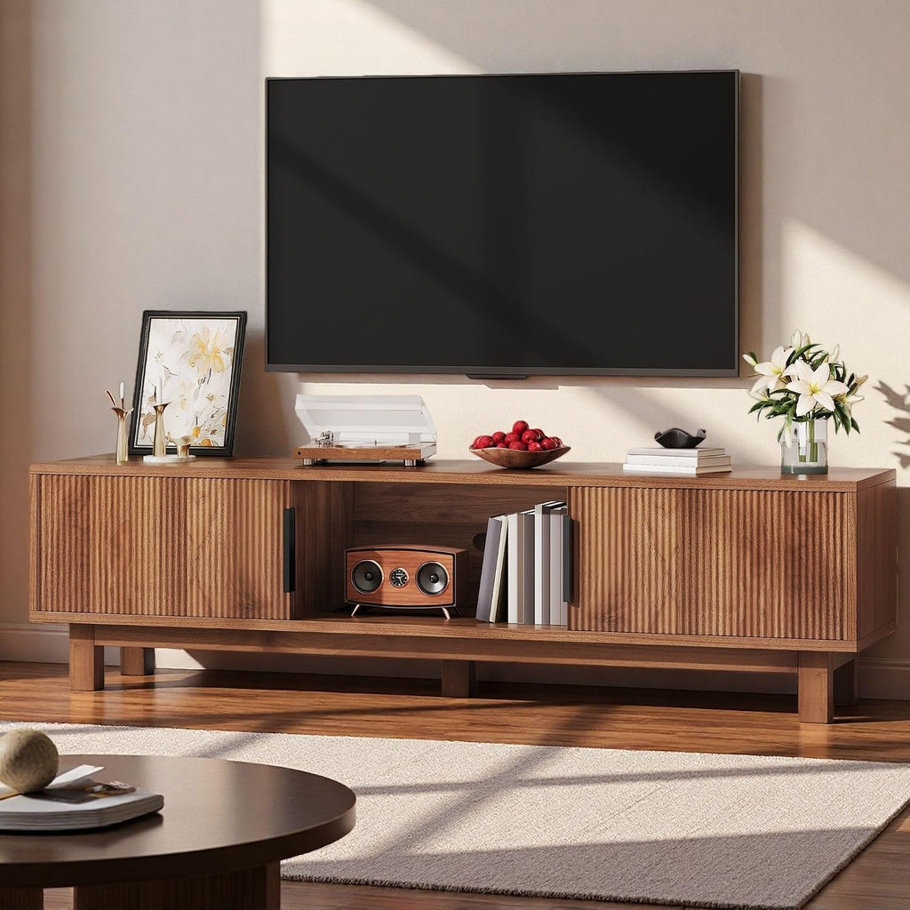 YITAHOME 59' Fluted TV Stand for TVs up to 65', Mid-Century Modern Media Console with Built-in Power Outlets, Adjustable Shelves & Cable Holes, Wooden Entertainment Center for Living Room, Walnut