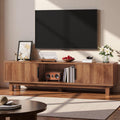 YITAHOME 59' Fluted TV Stand for TVs up to 65', Mid-Century Modern Media Console with Built-in Power Outlets, Adjustable Shelves & Cable Holes, Wooden Entertainment Center for Living Room, Walnut