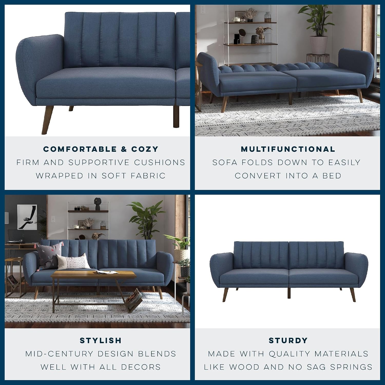 Novogratz Brittany Sofa Futon, Premium Linen Upholstery and Wooden Legs, Blue Linen