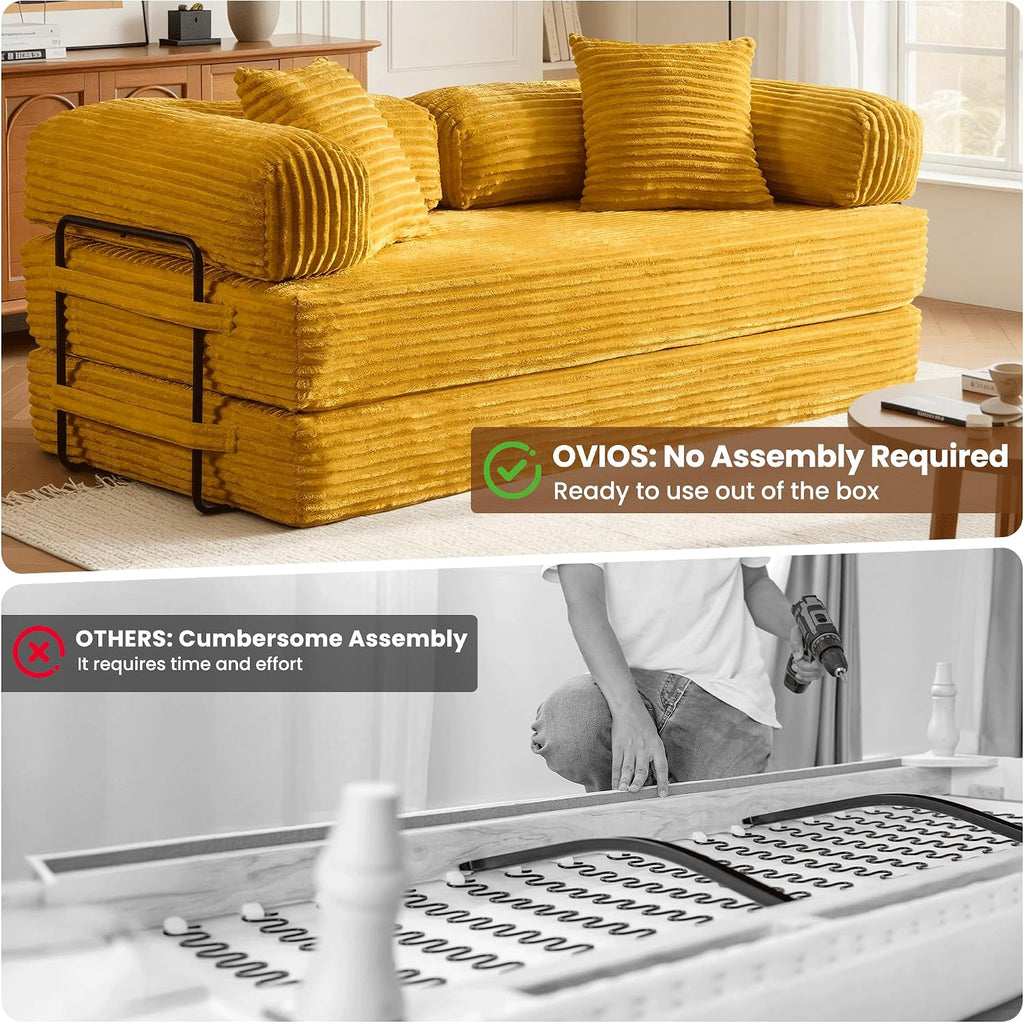 ovios 81' Folding Sofa Bed, Foldable Sleeper Boneless Couch with Pull Out Beds, Modular Convertible Floor Futon Loveseat Lounger for Living Room (Faux Fur, Yellow)