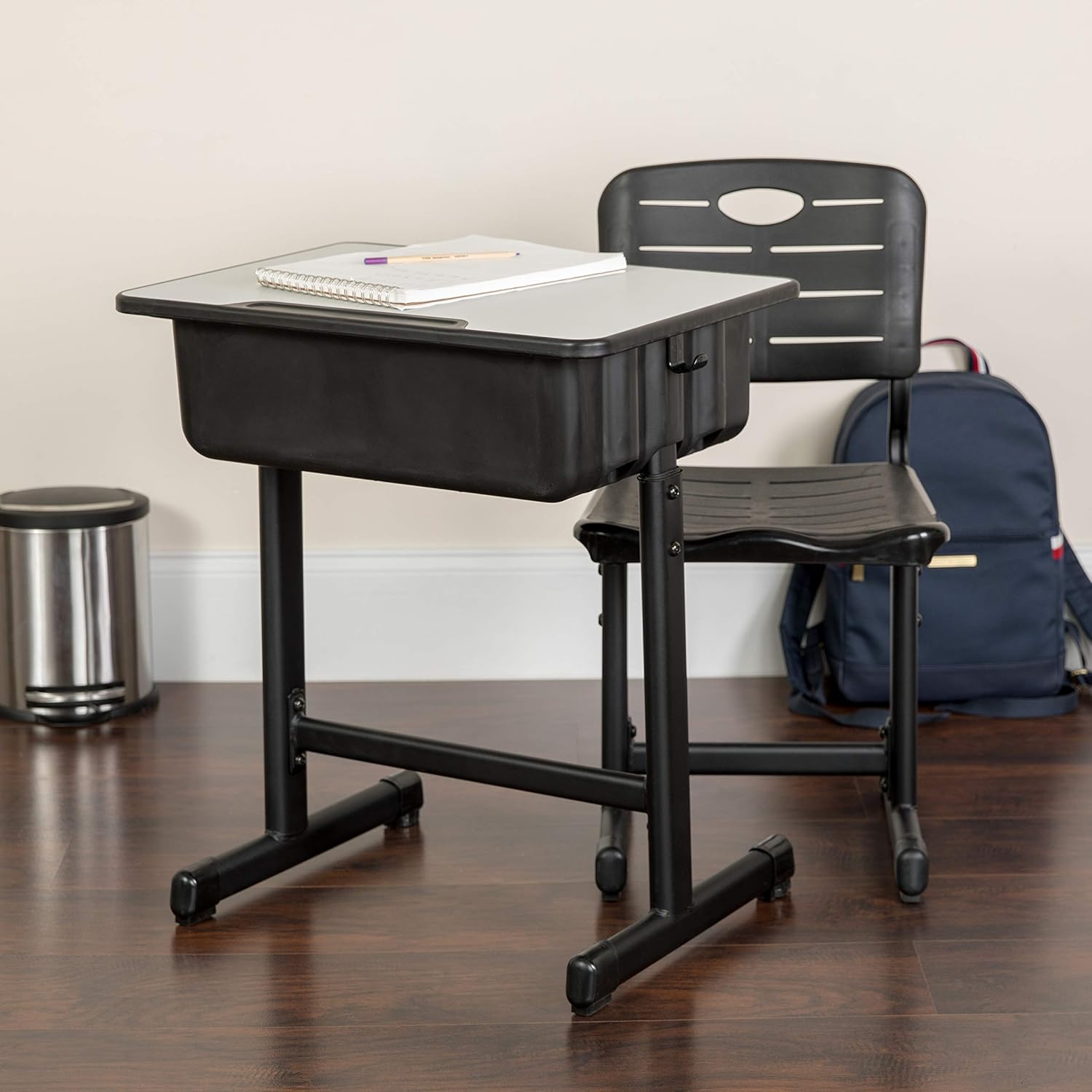 Flash Furniture Nila Set of 3 Adjustable Height Student Desks and Chairs with Black Pedestal Frames