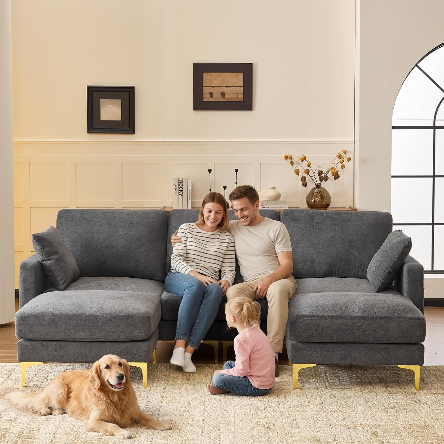 VINGLI 100' W U Shaped Couch with Ottoman, 22' Deep Seat Comfortable Sectional Couches for Living Room, 3 Seater Chenille Fabric Cloud Sofa for Apartment, Small Spaces, Bedroom, Grey