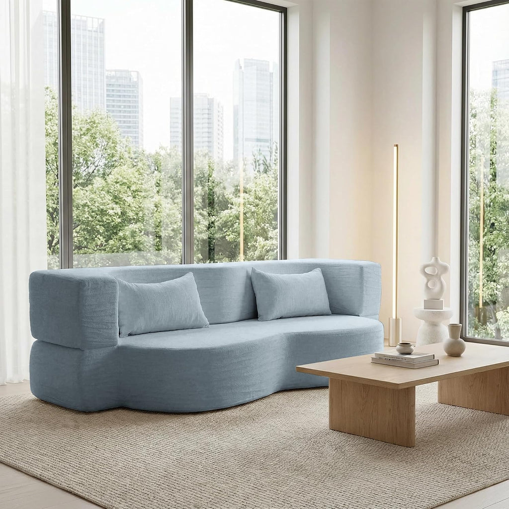 2-in-1 Convertible Sofa,78 Inch Pull Out Sofa Folding Sofa Bed with 2 Pilow Lazy Sofa, Teddy Loveseat Sleeper Floor Sofa for Apartment Children's Room Bedroom Living Room (Teddy, Light Blue)