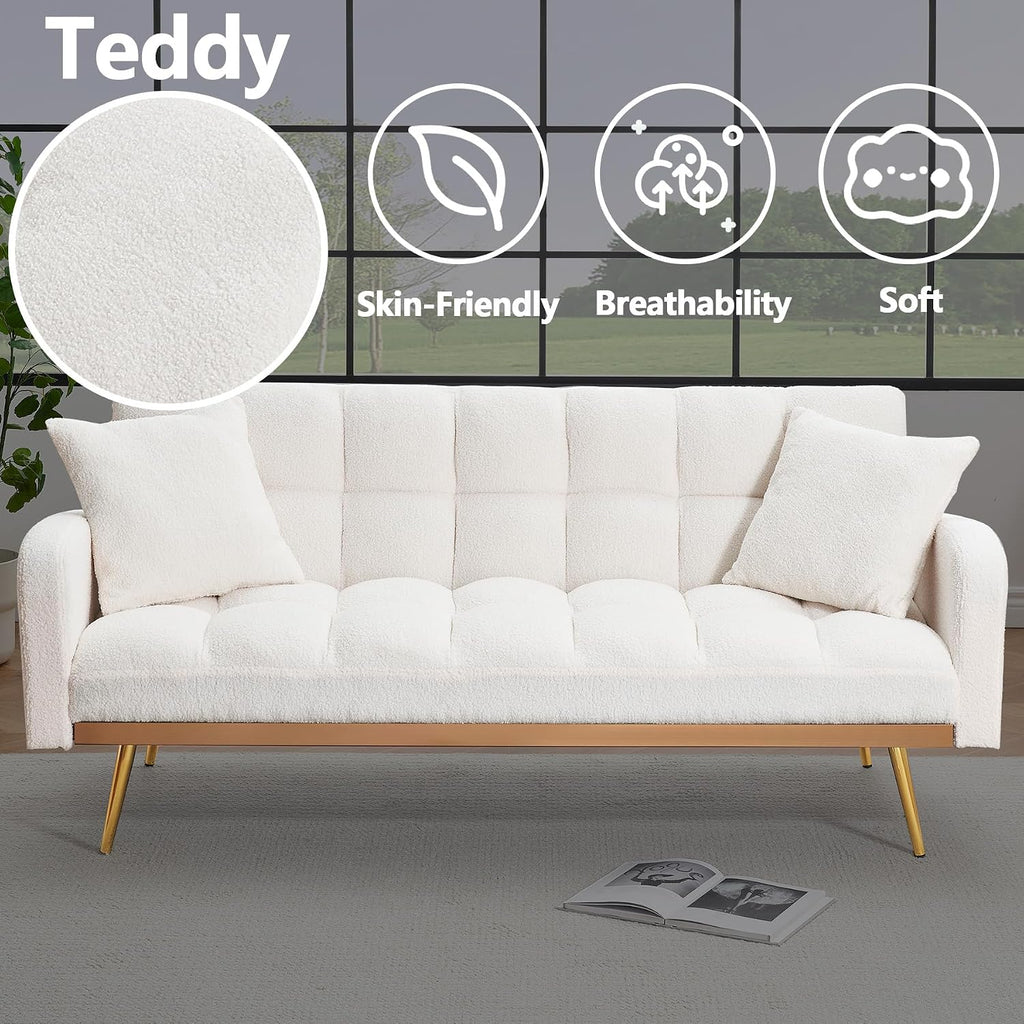 Comfy Futon Sofa Bed with 2 Pillows, White Futon Couch Bed with Gold Legs, Small Convertible Sofa Bed Couch for Living Room, Modern Loveseat for Bedroom, Curved Arms, Plush Tufted-Shaped,Teddy (Beige)