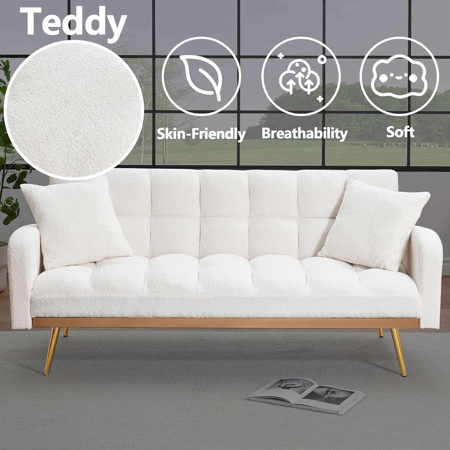 Comfy Futon Sofa Bed with 2 Pillows, White Futon Couch Bed with Gold Legs, Small Convertible Sofa Bed Couch for Living Room, Modern Loveseat for Bedroom, Curved Arms, Plush Tufted-Shaped,Teddy (Beige)