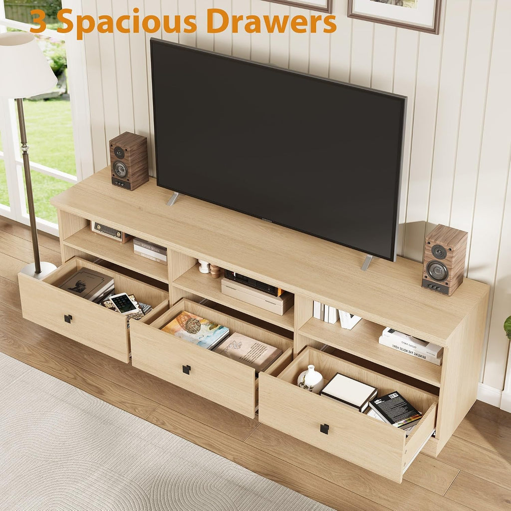 GarveeHome TV Stand for 65/70/75 in TV, Entertainment Center with Storage Drawer, Mid-Century Modern TV Console with Open Shelves, 70 in Media TV Cabinet for Living Room, Bedroom, Natural Wood