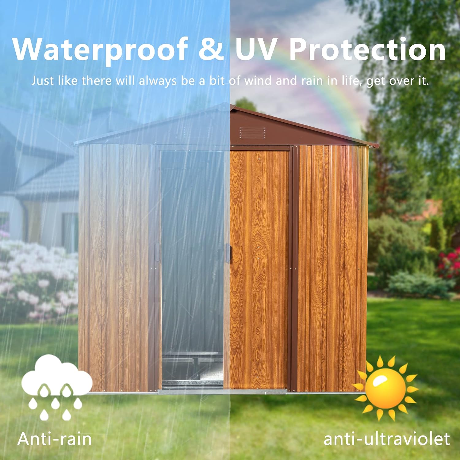 6x6 FT Outdoor Storage Shed, Metal Garden Shed with Frame Floor, Outside Tool Shed with Lockable Sliding Doors, Waterproof Storage Building with Sloped Roof for Backyard, Patio, Lawn, Coffee