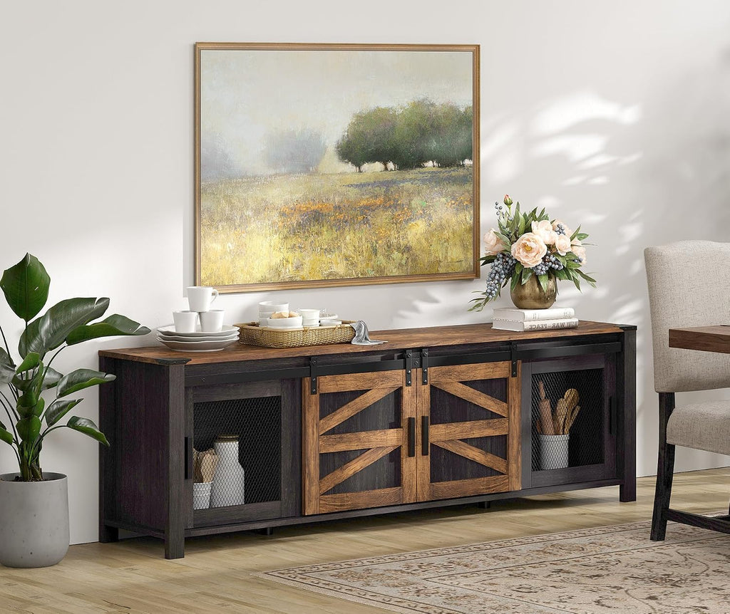 WAMPAT Farmhouse TV Stand for ups to 75 inch TV,Sliding Barn Door Entertainment Center Media TV Console Table with Storage Shelf for Living Room Bedroom，Dark Walnut and Black