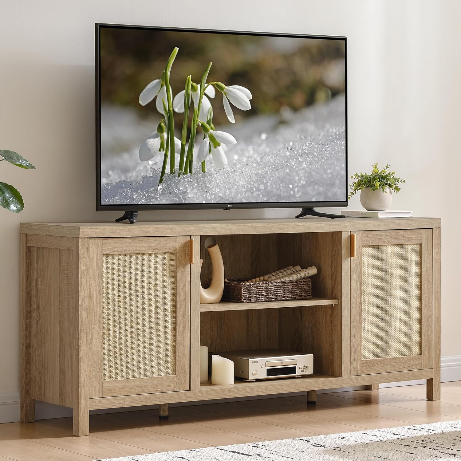 SICOTAS Rattan TV Stand for Living Room - 26' Tall TV Console Cabinet with Storage and Adjustable Shelf, Boho Entertainment Center, 59' Media Console for 50, 55, 65 Inch TV, Light Oak