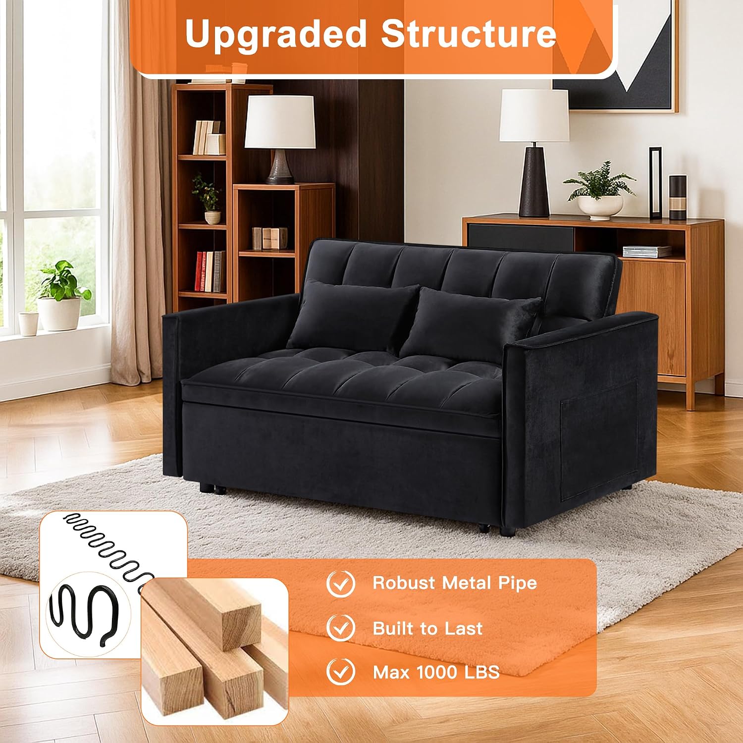 54' Sleeper Sofa Bed, Velvet Pull Out Couch with Adjustable Backrest, 3-in-1 Convertible Futon Loveseat Sleeper Sofa Couch for Small Spaces, Living Room (Black)