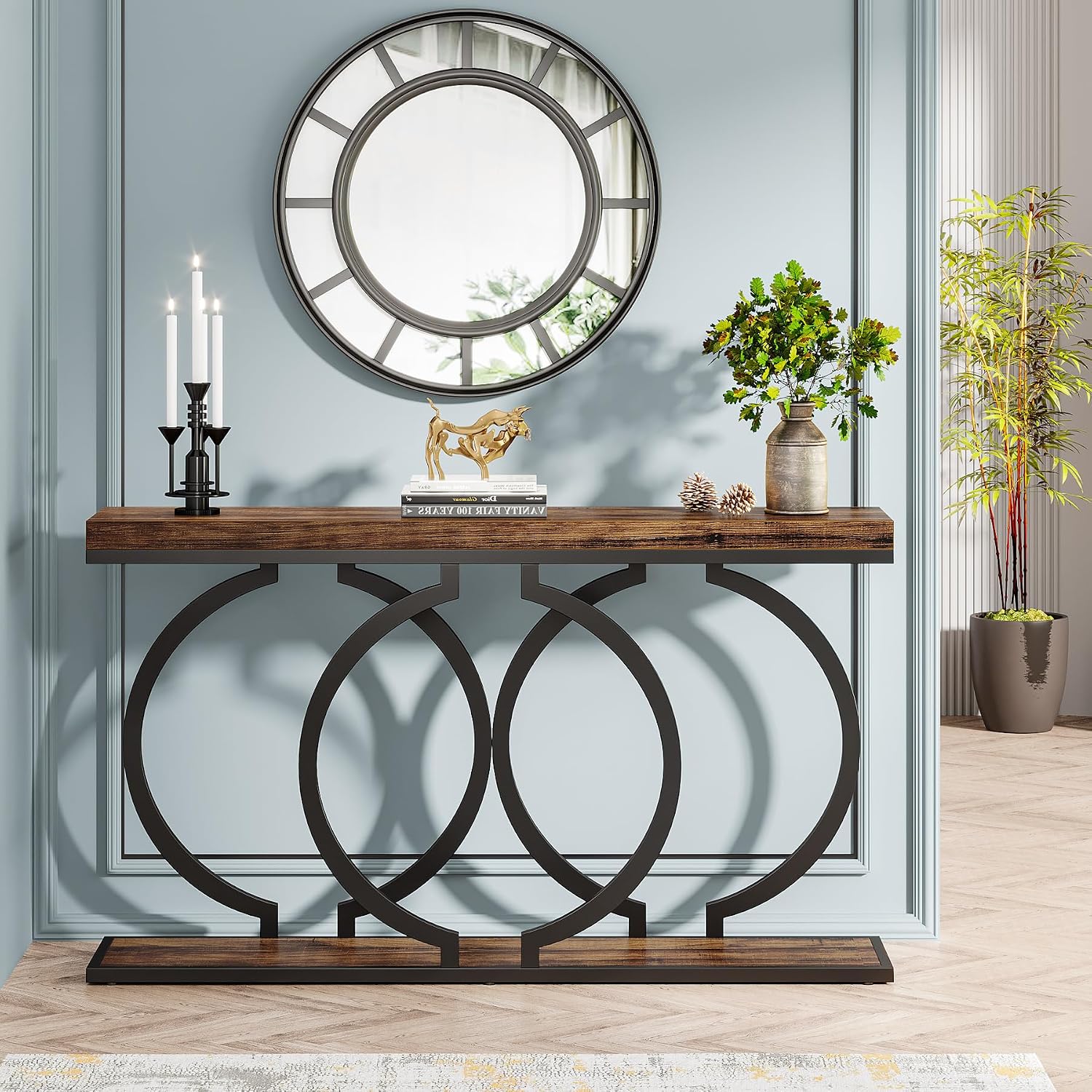Tribesigns Industrial Console Table, 55 inch Rustic Entryway Table with Geometric Metal Frame, Narrow Wood Accent Sofa Table for Living Room, Entrance, Hallway, Rustic Brown