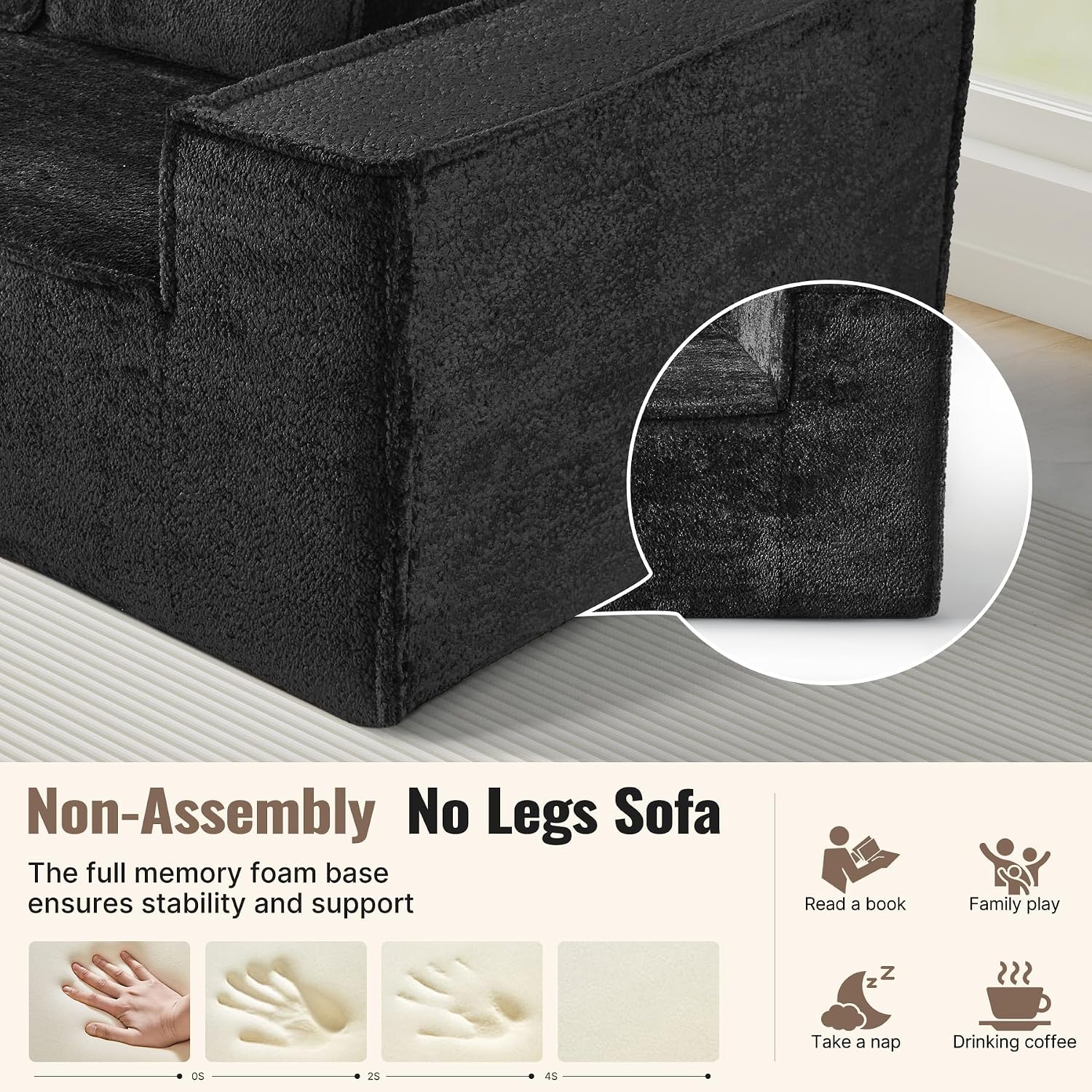 77'' Modern Cloud Loveseat Sofa in Chenille, Deep Seat Boneless Couches Includes 2 pcs Pillows for Living Room, Bedroom, Apartment(Black)