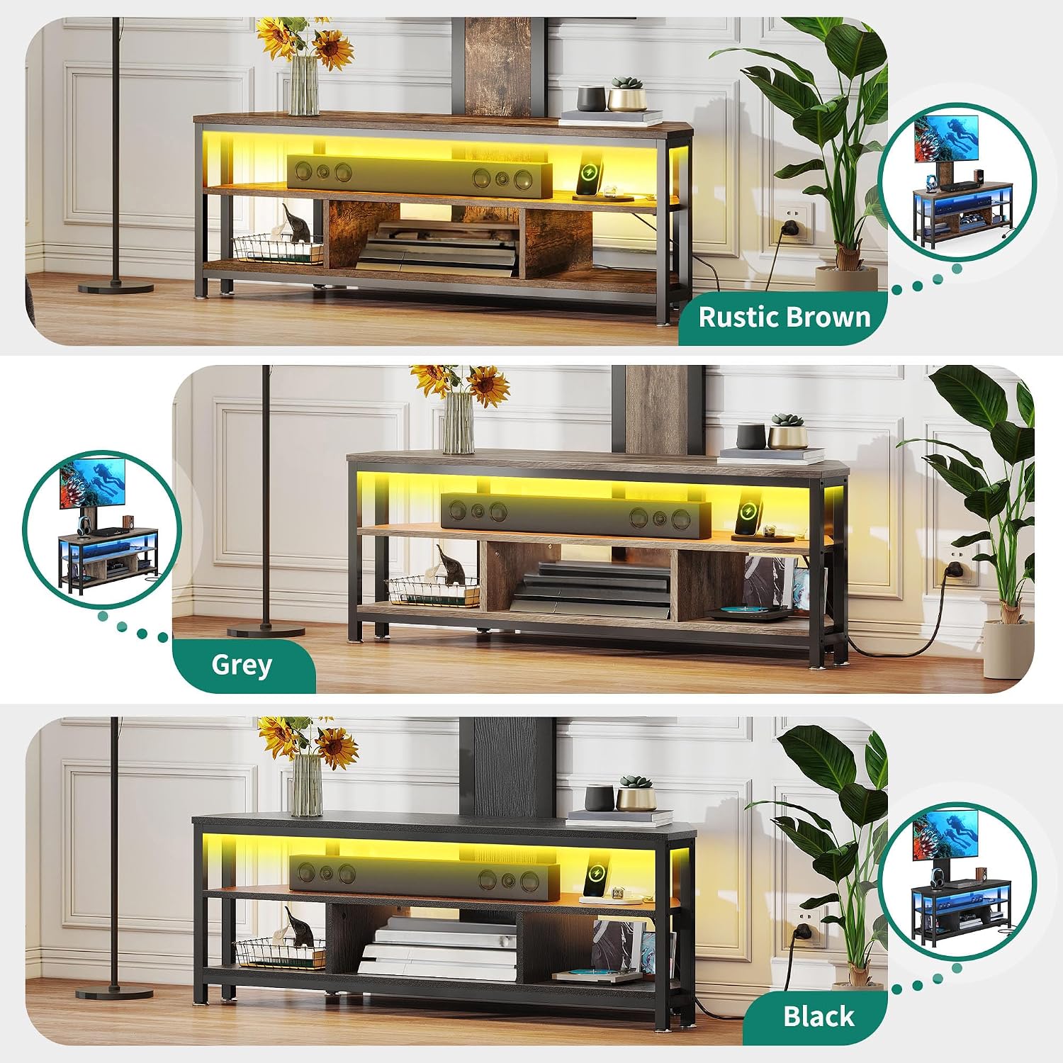 YITAHOME Black TV Stand with Mount, Modern TV Stand for 70/65 inch TV LED Entertainment Center with Adjustable Mount & Power Outlet, TV Console Cabinet, Black