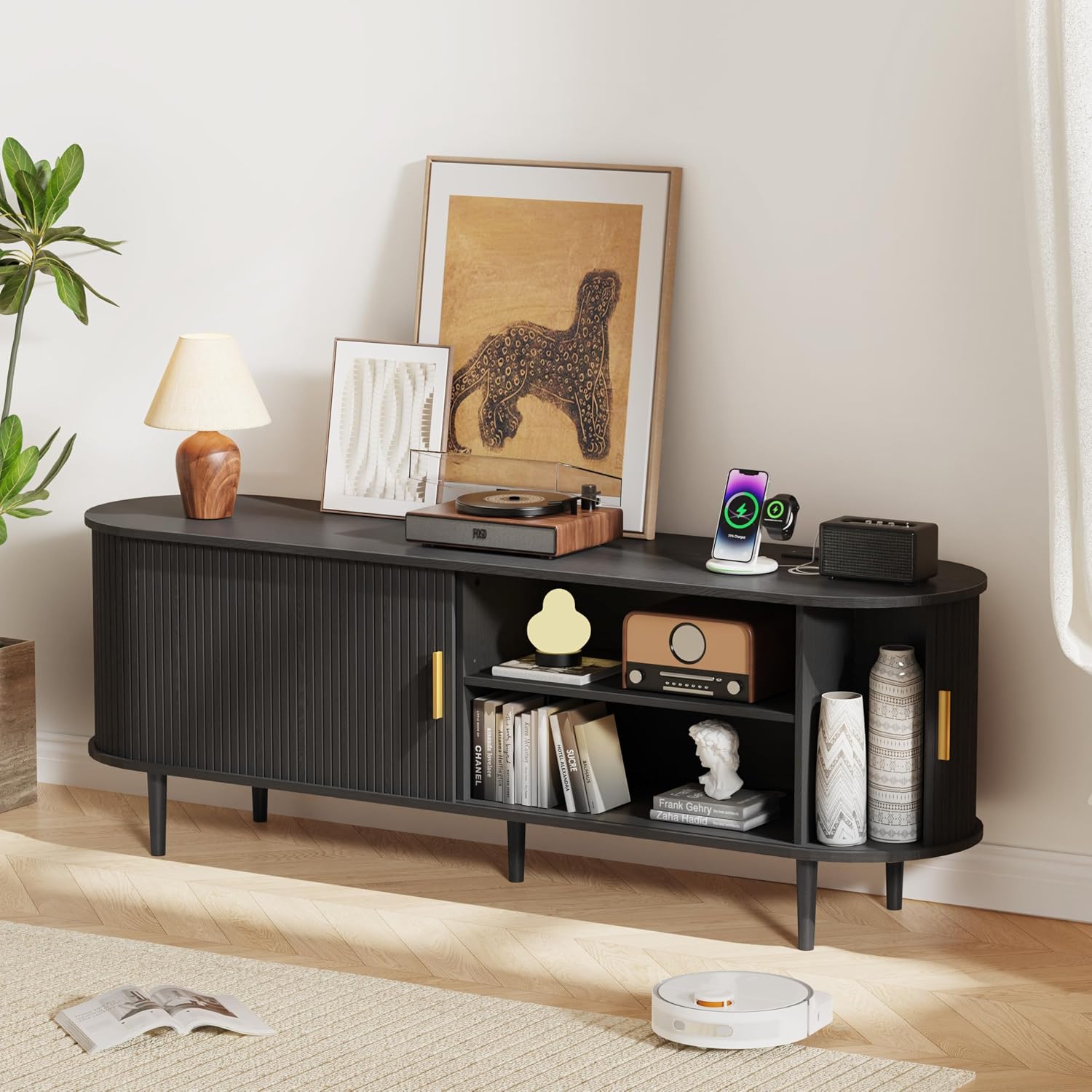 DHH 63 Inch Mid Century Modern TV Stand with Power Outlet for TVs up to 70 Inch, Entertainment Center with Storage and Adjustable Shelves, Media Console with Sliding Doors for Living Room(Black)