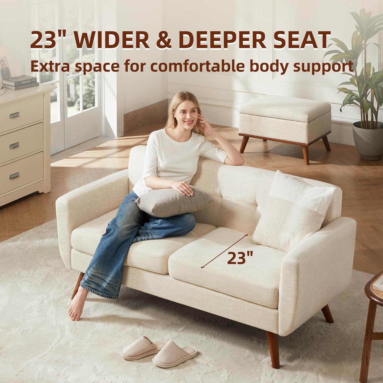 Tbfit 65' W Loveseat Sofa, Mid Century Modern Decor Love Seat Couches for Living Room, Button Tufted Upholstered Small Couch for Bedroom, Solid and Easy to Install Love Seats Furniture, Beige