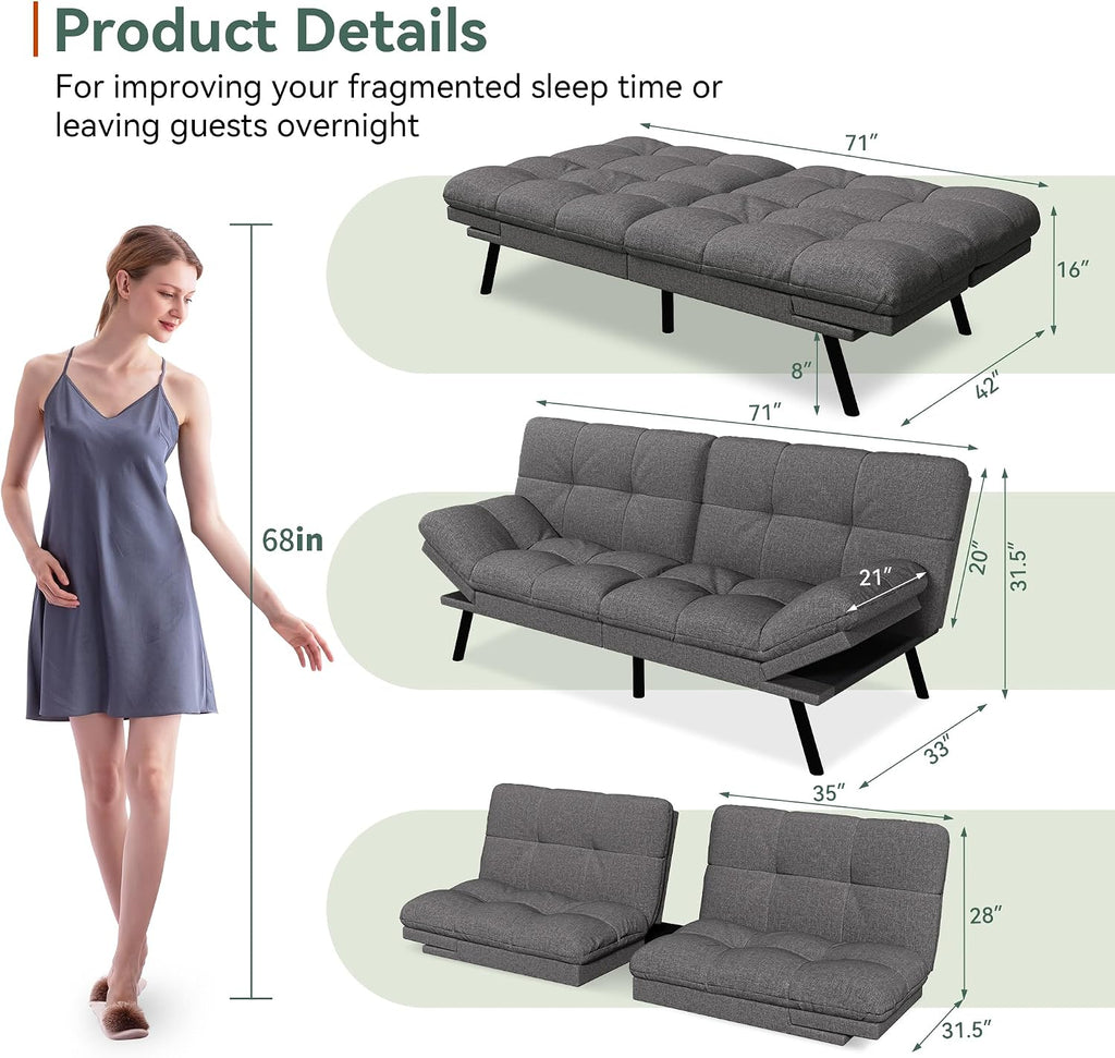 Opoiar Convertible Futon Sofa Bed,71' Memory Foam Futon Couch,Detachable Cushion,Adjustable Backrest & Armrest,Linen Modern Loveseat Sleeper Recliner for Living Room,Office,Apartment,Retro Grey